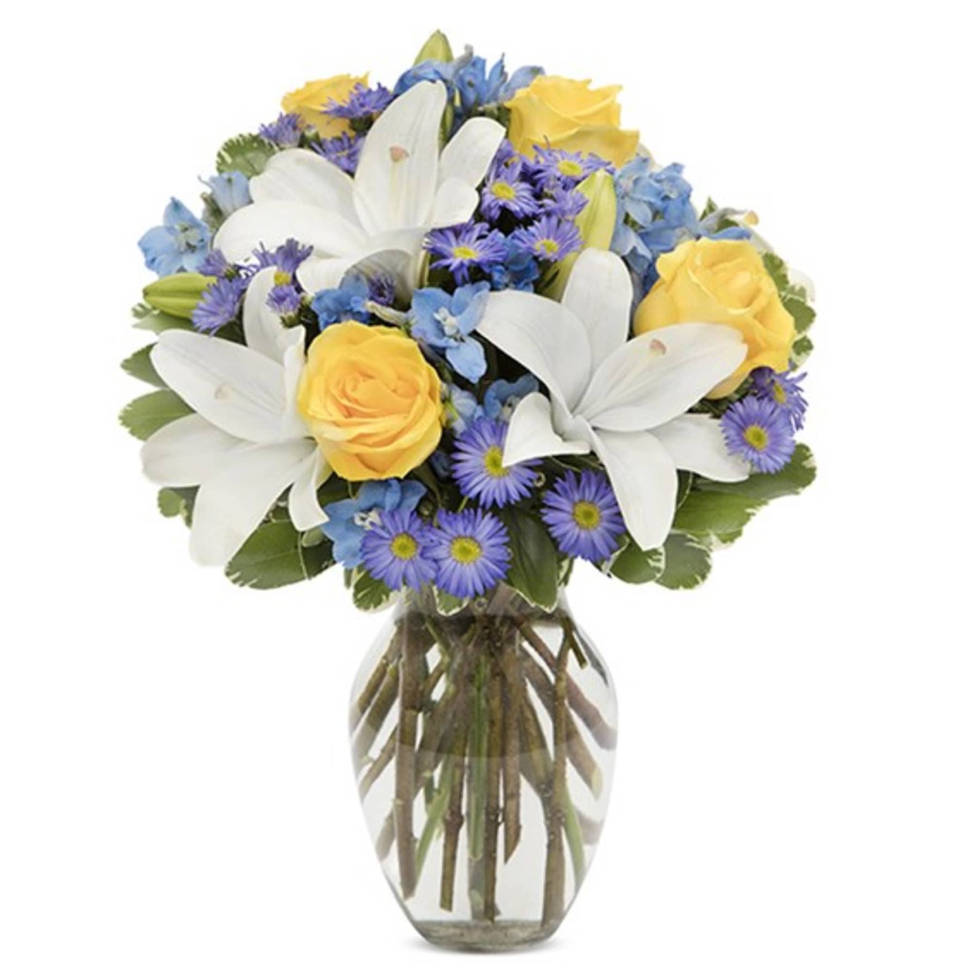 Bouquet of yellow roses, white lilies, and purple daisies in a glass vase