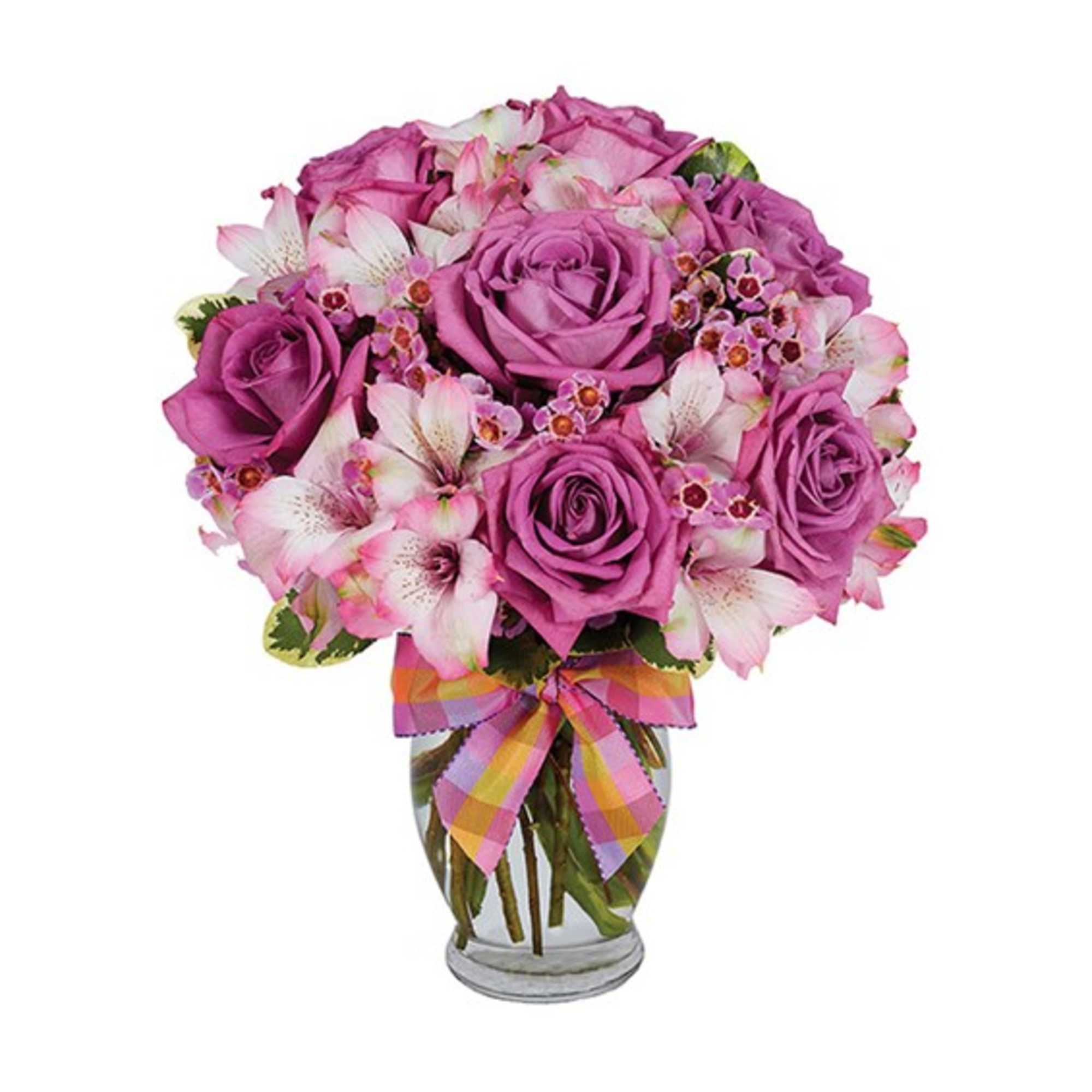 Pink roses and alstroemeria in a glass vase with a plaid ribbon