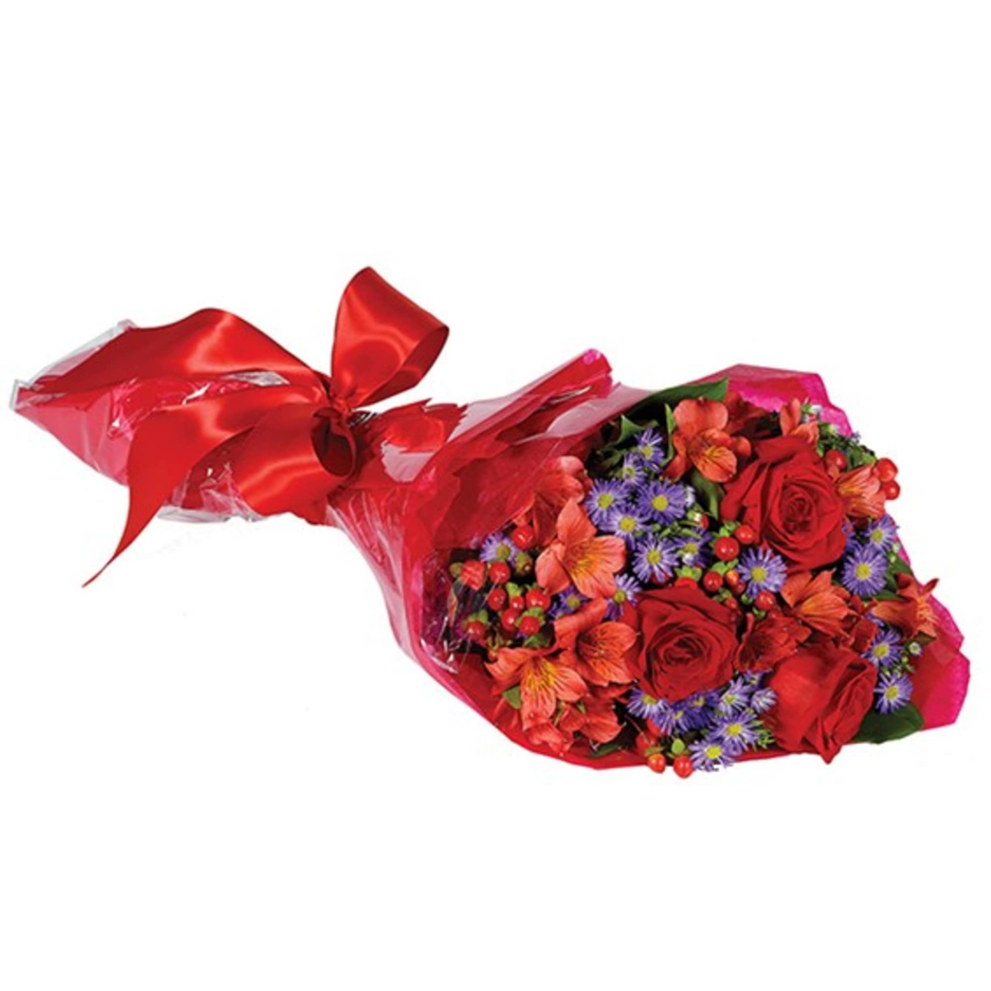 Bouquet of red roses, orange alstroemeria, and purple daisies wrapped in red cellophane