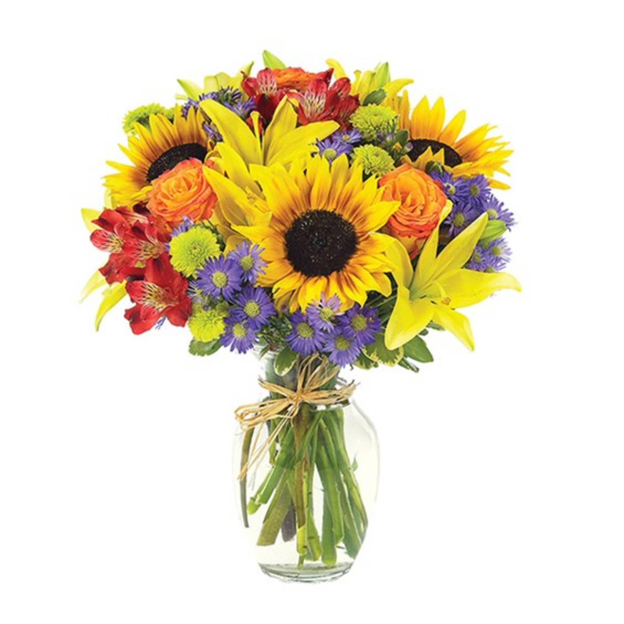 Mixed bouquet of sunflowers, lilies, roses, and purple daisies in a glass vase