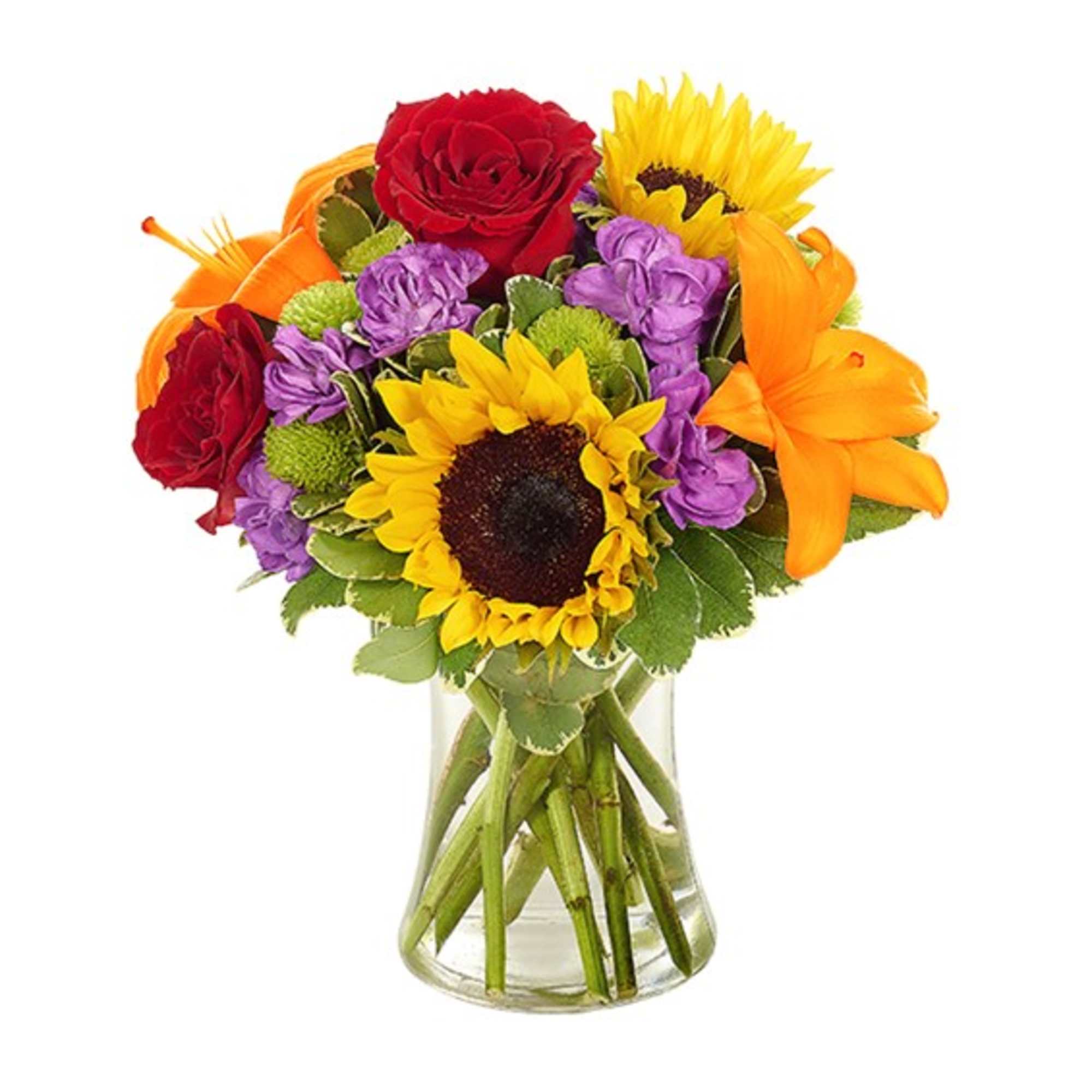 Bouquet of red roses, sunflowers, purple flowers, and orange lilies in a glass vase