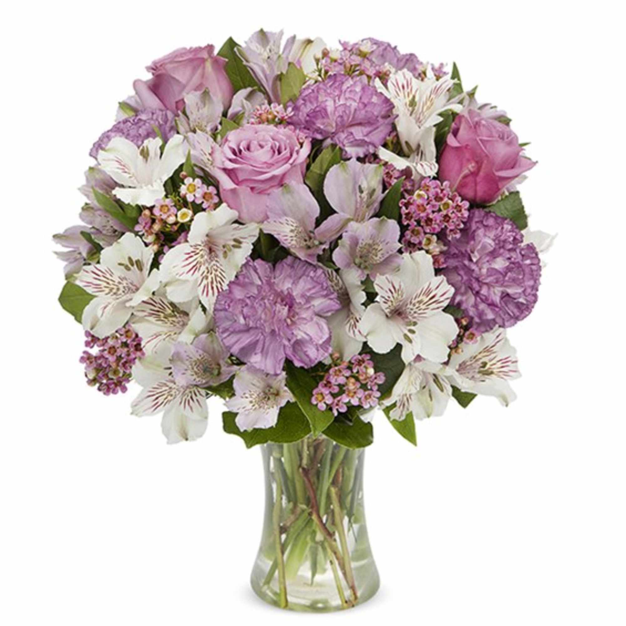 Pink and white mixed bouquet in a clear glass vase