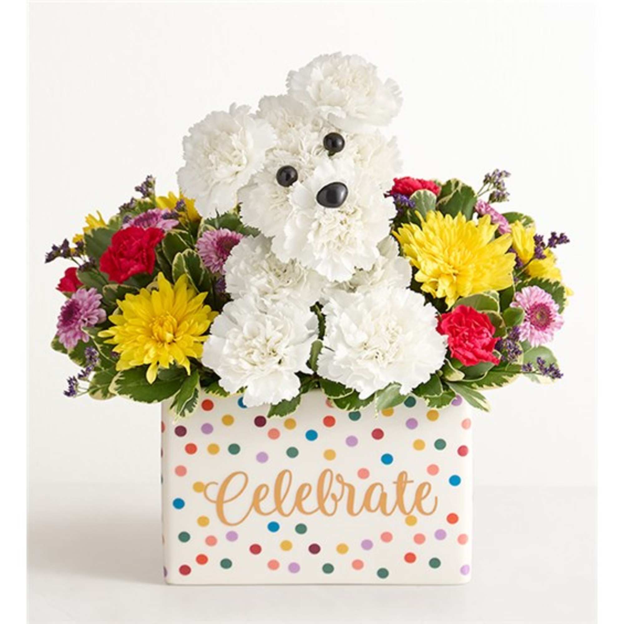 White teddy bear made of flowers in a polka-dot gift box with colorful blooms