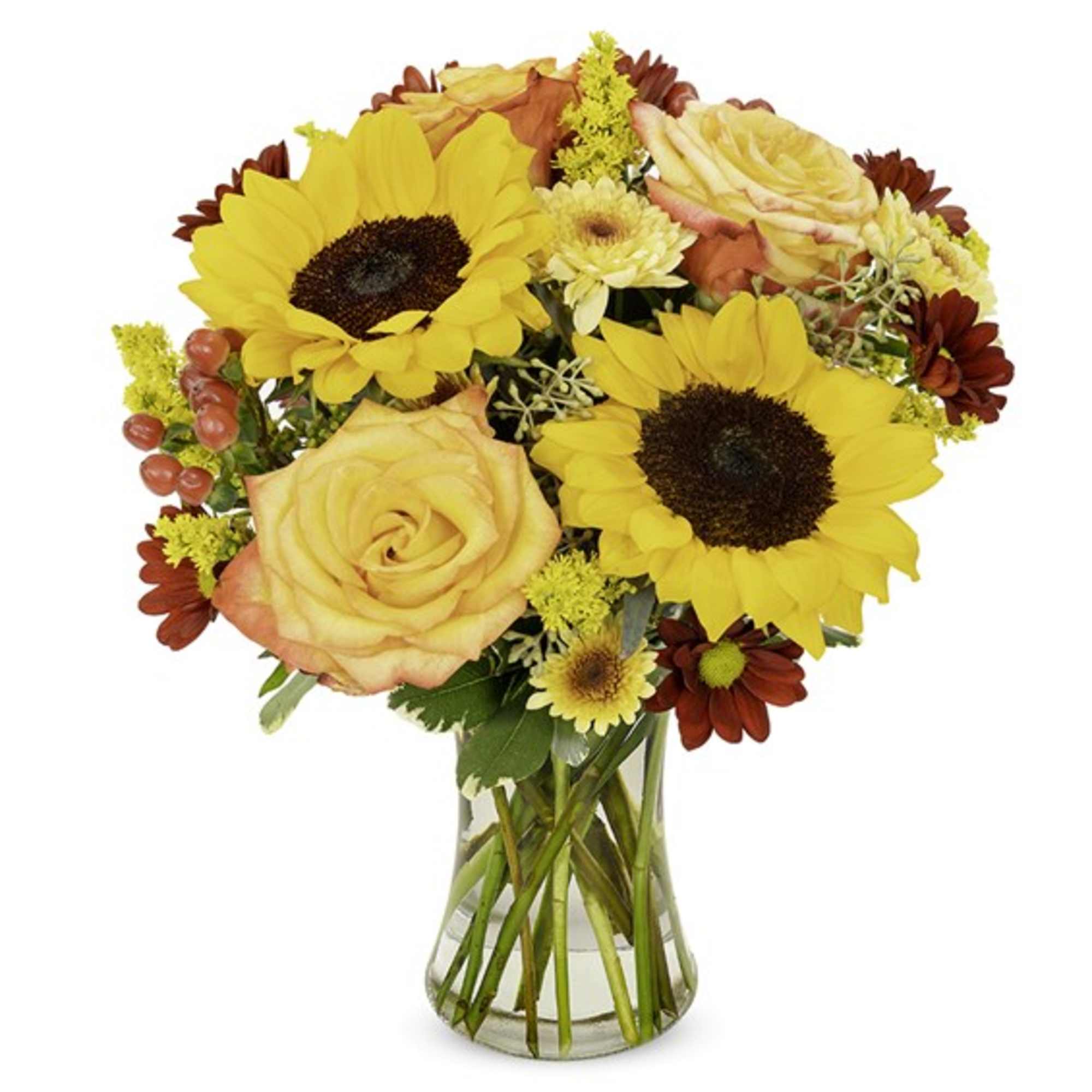 Bouquet of sunflowers, peach roses, and red daisies in a clear glass vase