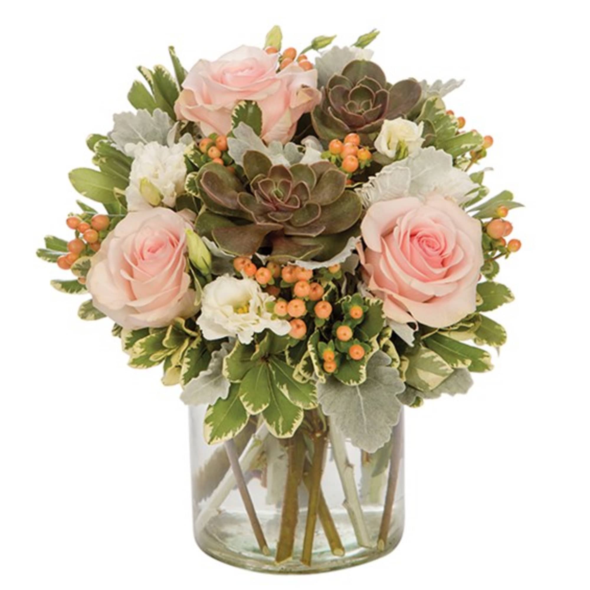 Pink roses and succulents arranged in a clear glass vase