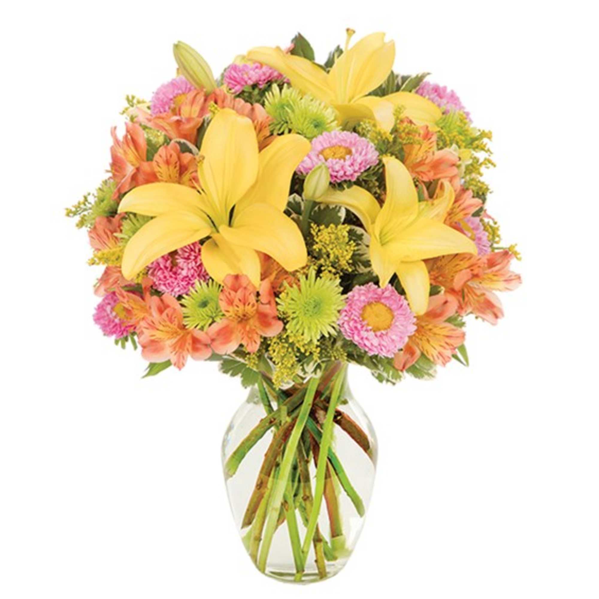 Bouquet of yellow lilies, pink daisies, and orange flowers in a clear glass vase