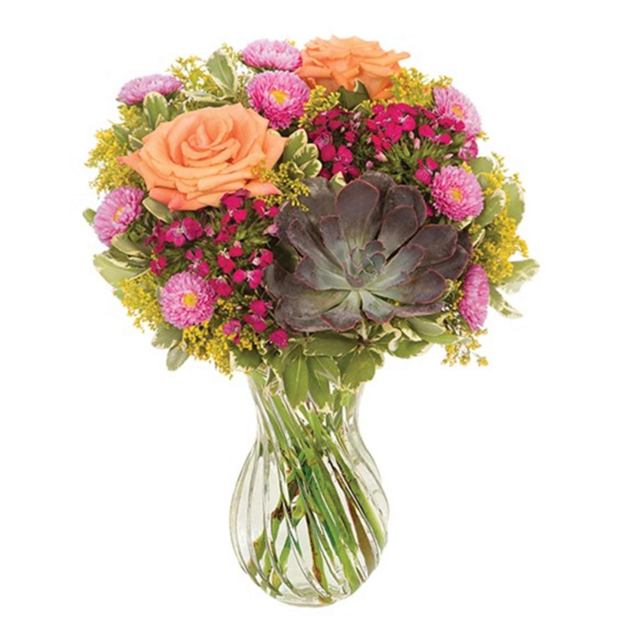 Bouquet of peach roses, pink flowers, and a succulent in a glass vase