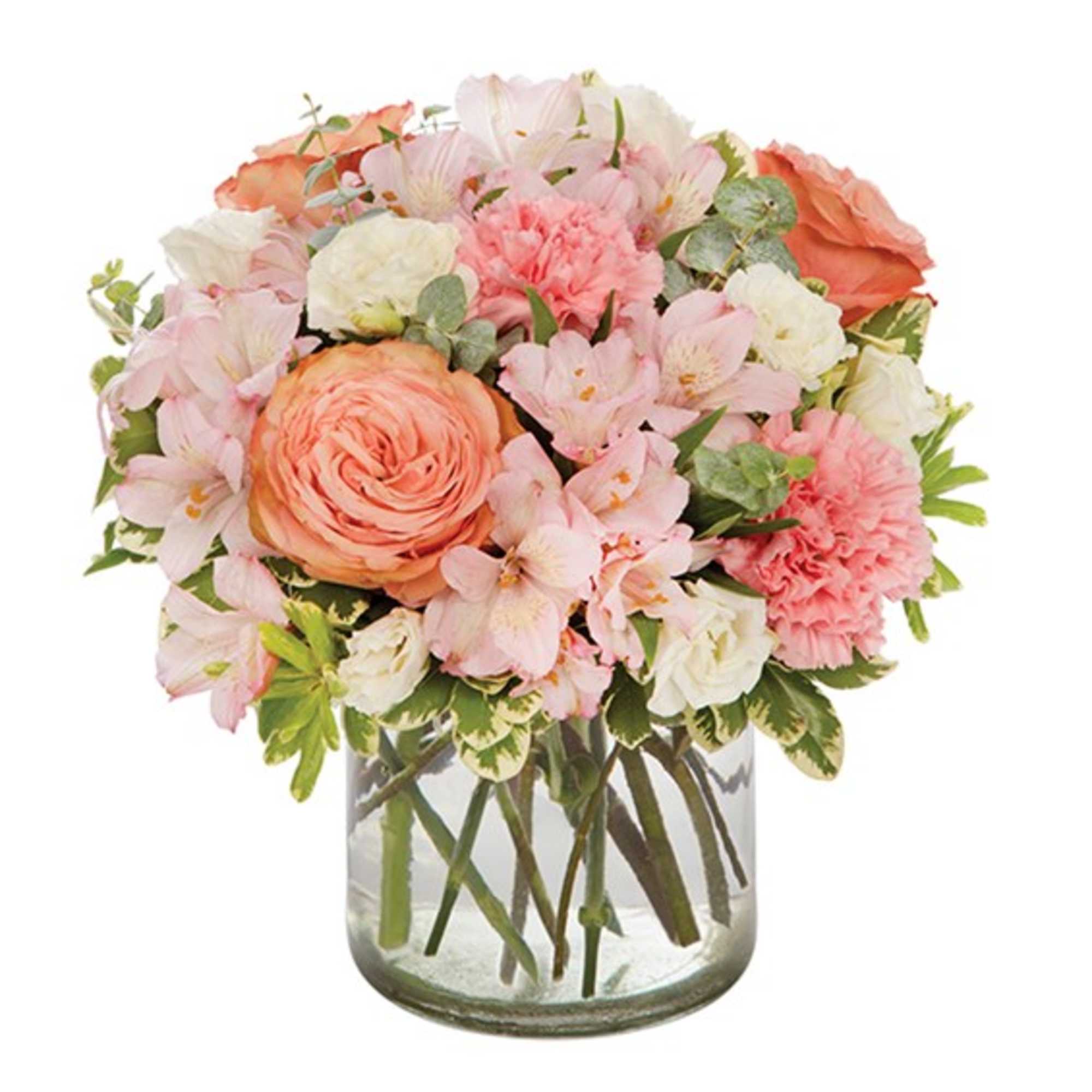 Pink and peach mixed bouquet in a clear glass vase