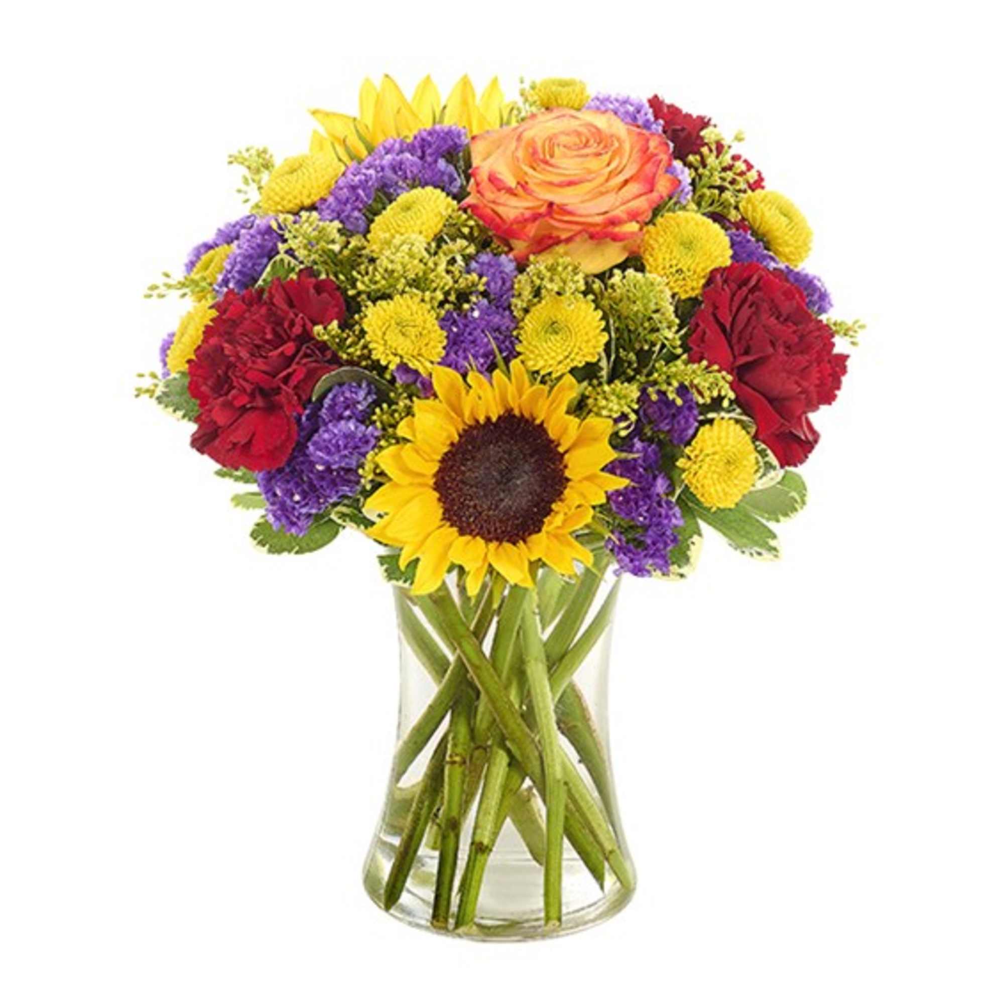 Mixed bouquet of sunflowers, roses, carnations, and purple mums in a glass vase