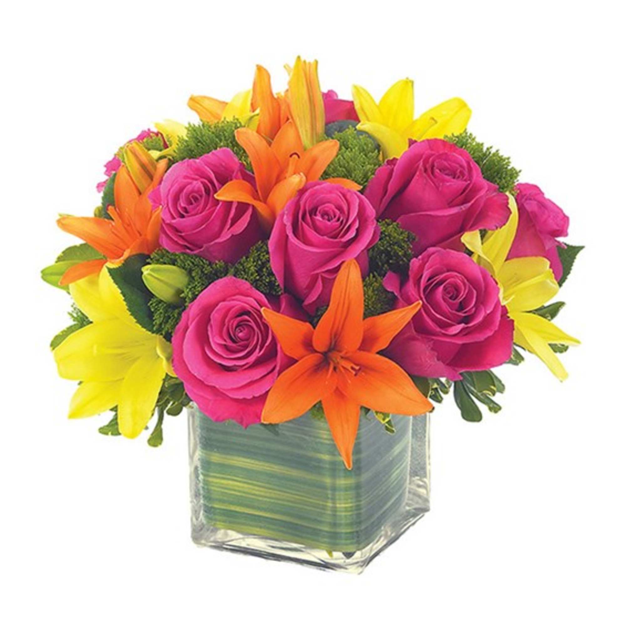 Bouquet of pink roses, orange lilies, and yellow flowers in a square glass vase