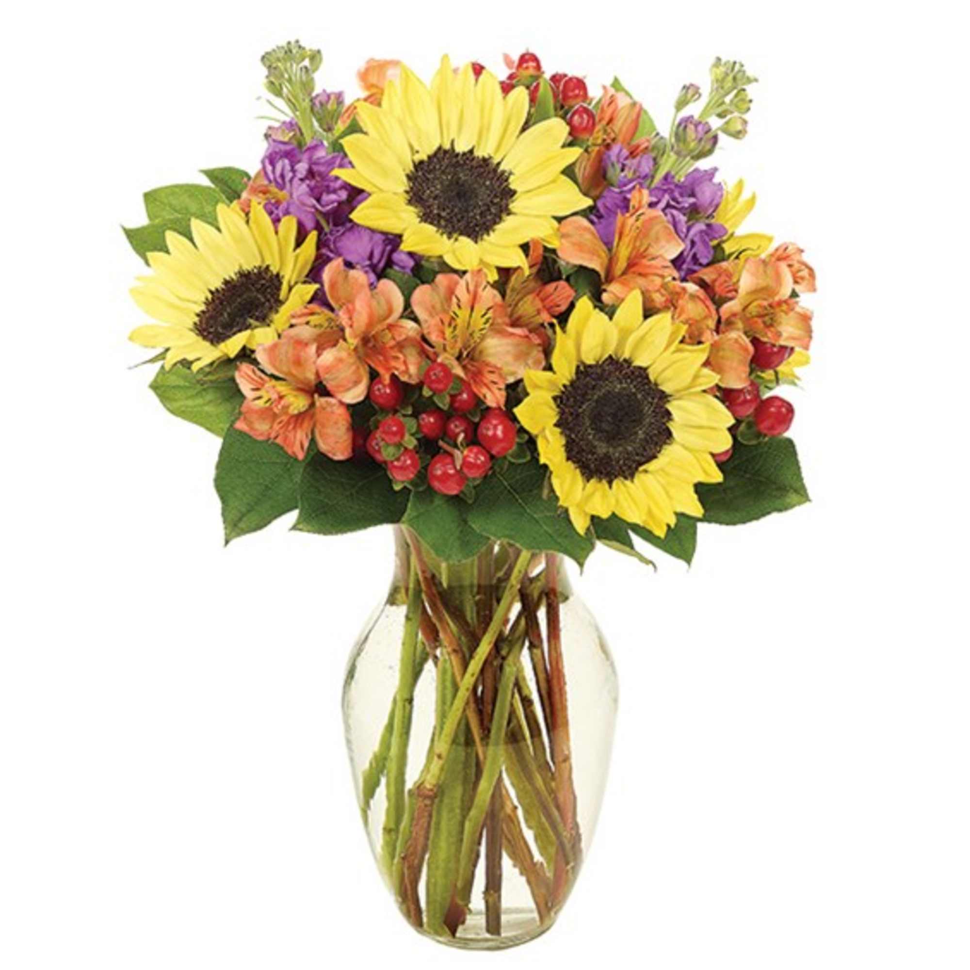 Bouquet of sunflowers, orange alstroemeria, and purple flowers in a glass vase