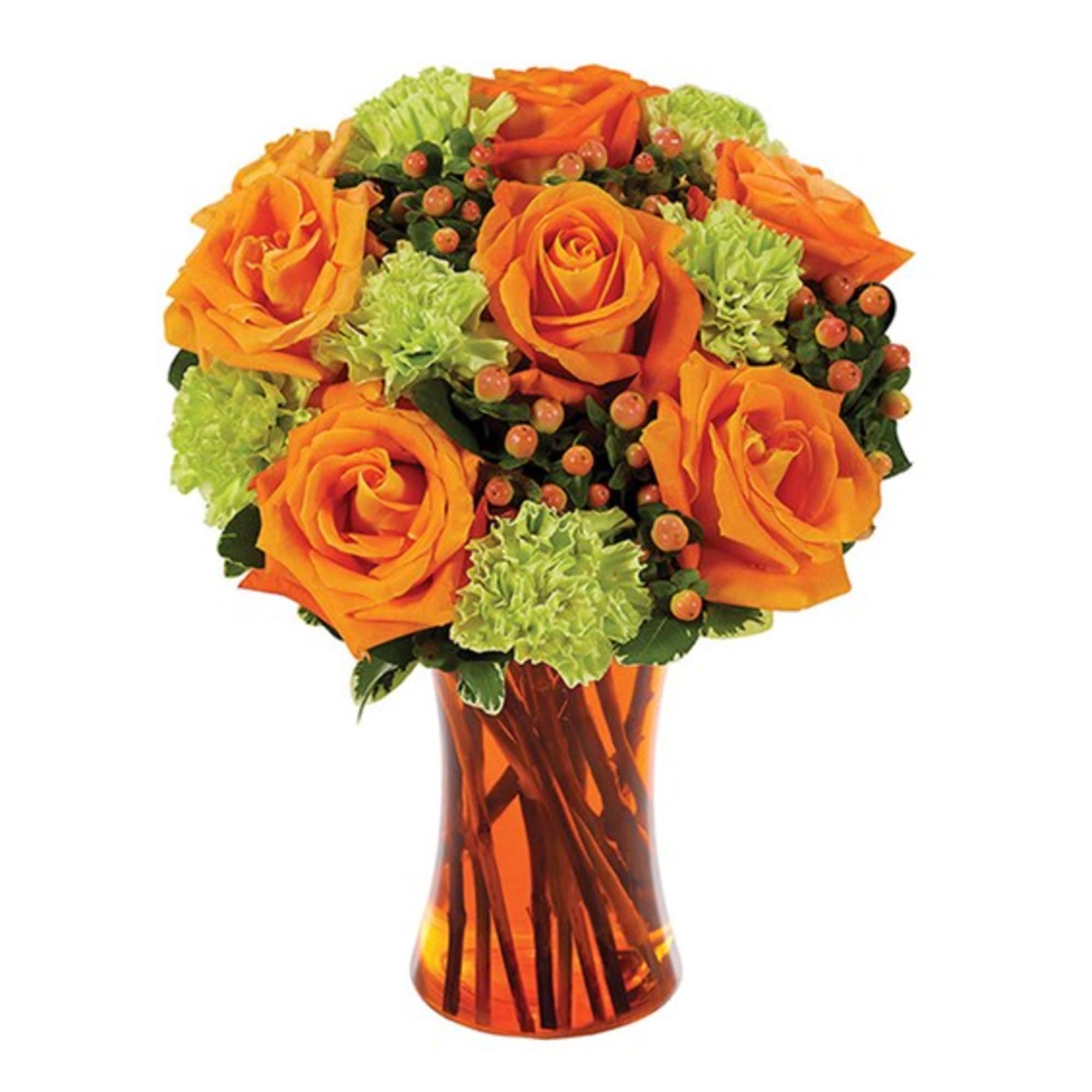 Orange roses and green carnations in an amber glass vase