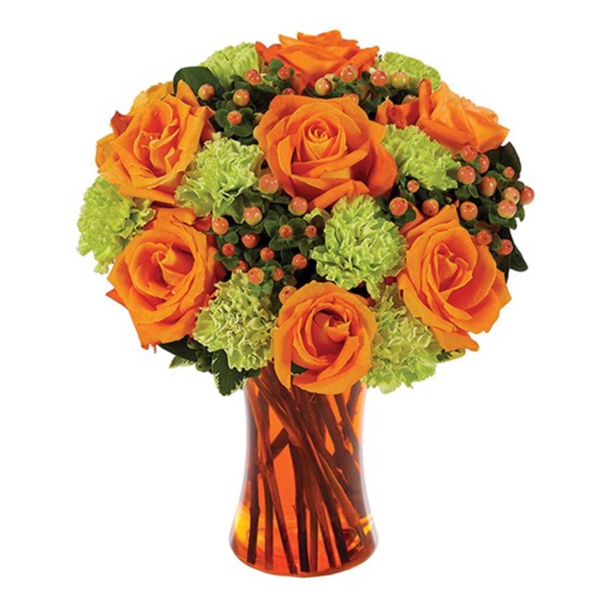 Orange roses and green carnations in an amber glass vase