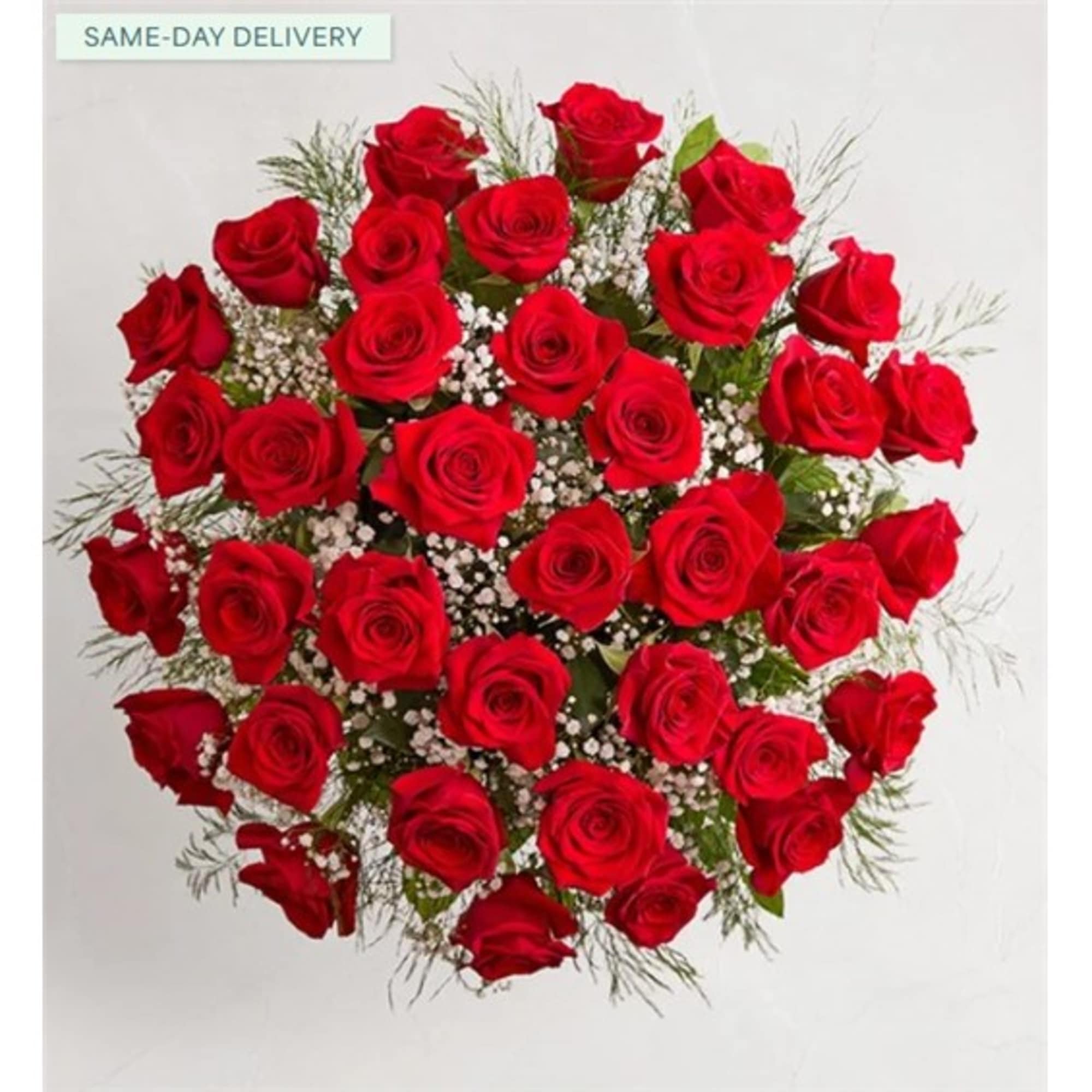 Large bouquet of red roses with baby's breath