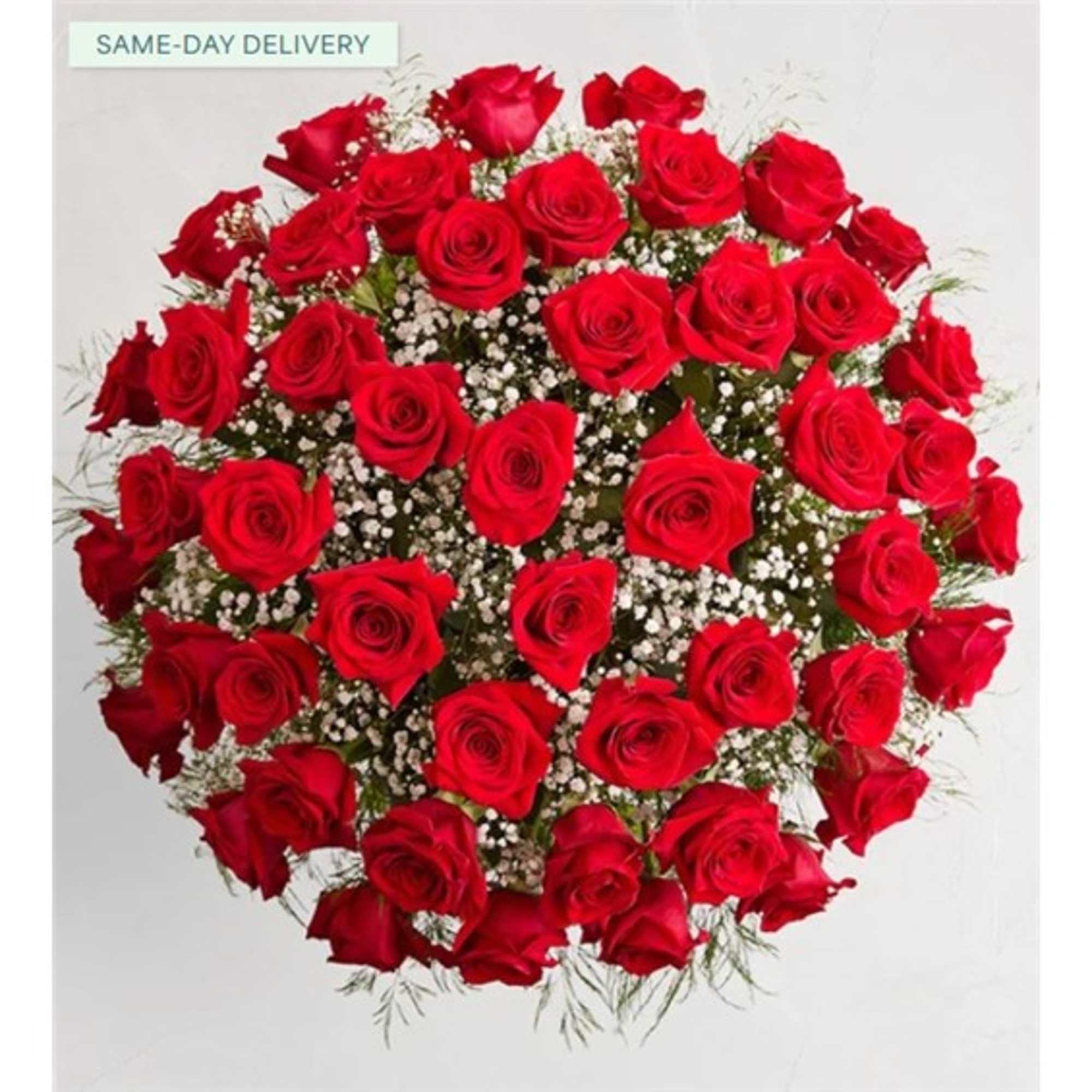 Large bouquet of red roses with white filler flowers