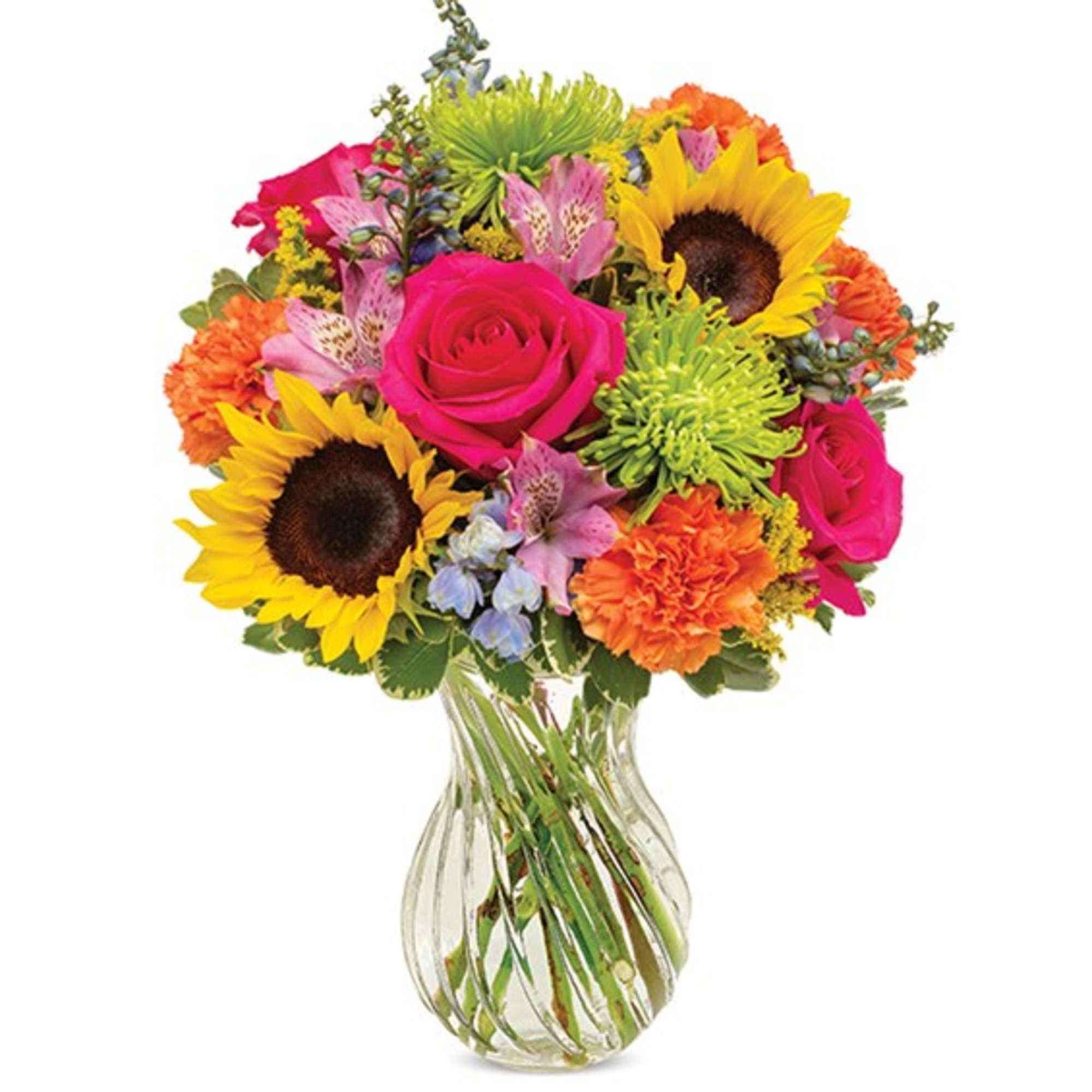 Colorful mixed bouquet in a clear glass vase with sunflowers and roses