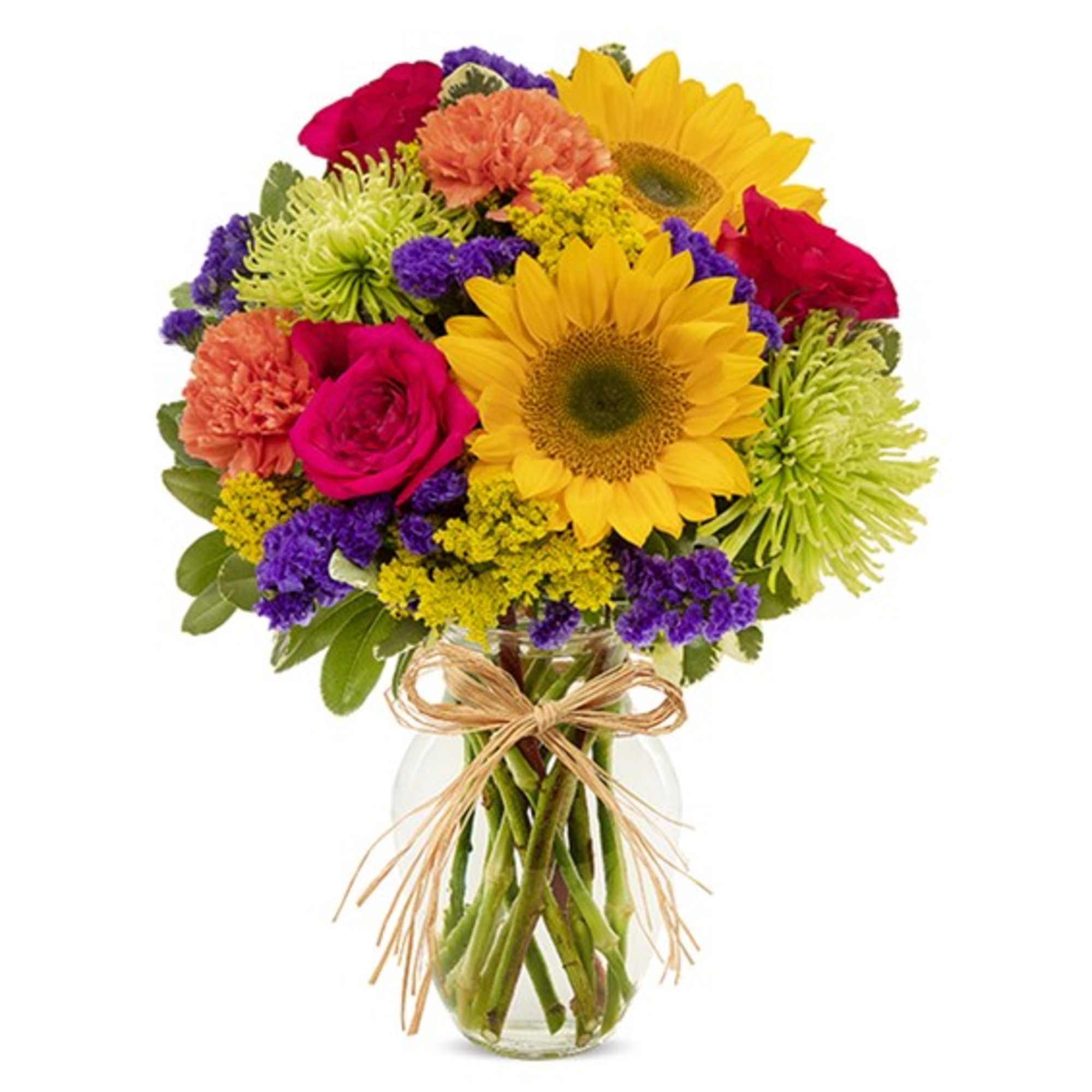 Mixed bouquet of sunflowers, roses, and carnations in a glass vase