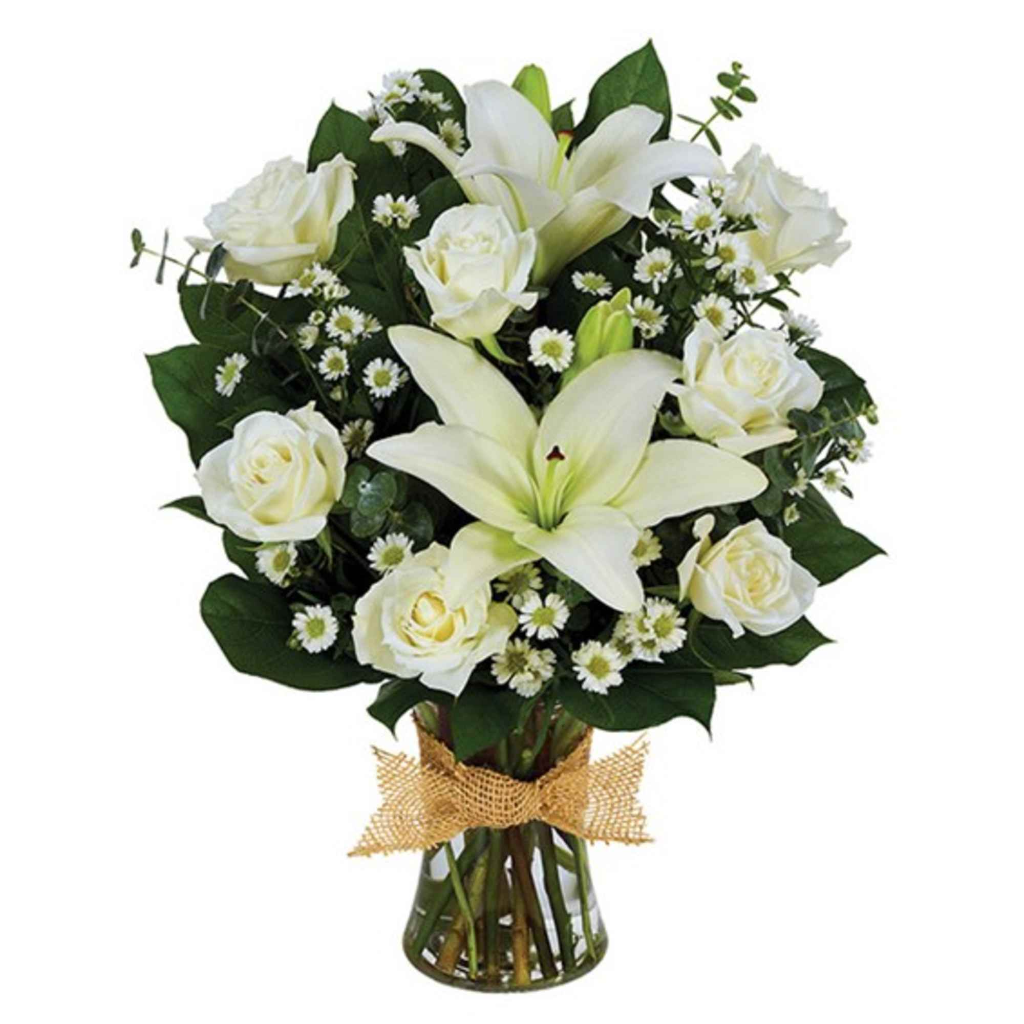 White lilies and roses in a glass vase with a burlap bow