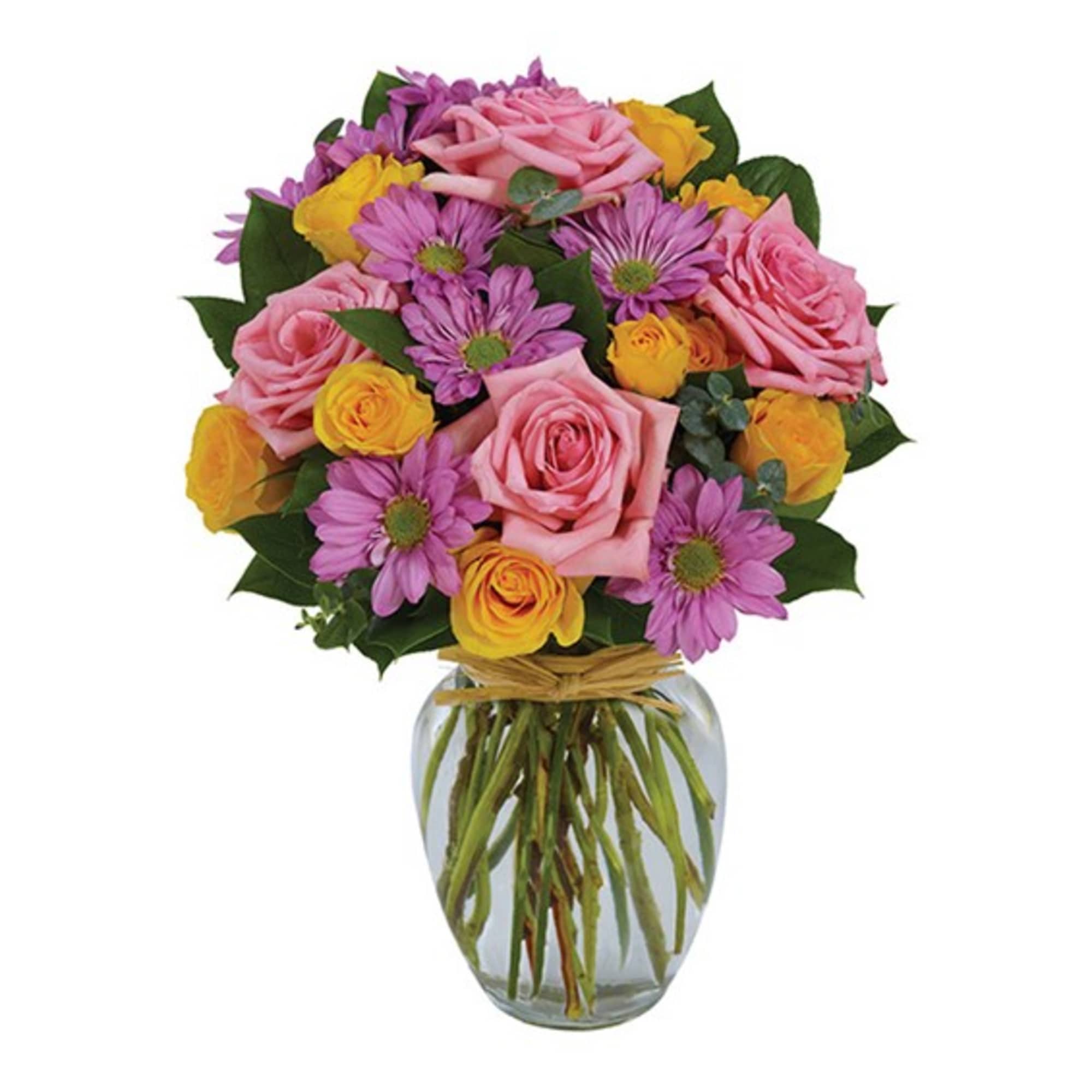 Bouquet of pink roses, purple daisies, and yellow roses in a glass vase