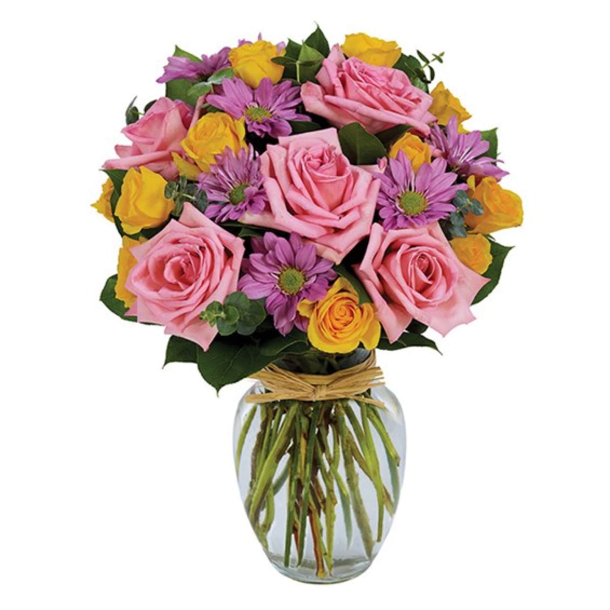 Pink and yellow rose bouquet in a clear glass vase