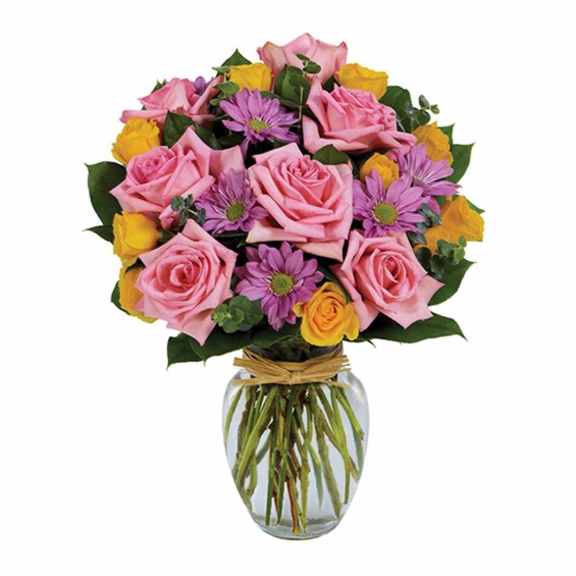 Pink and yellow rose bouquet with purple daisies in a glass vase