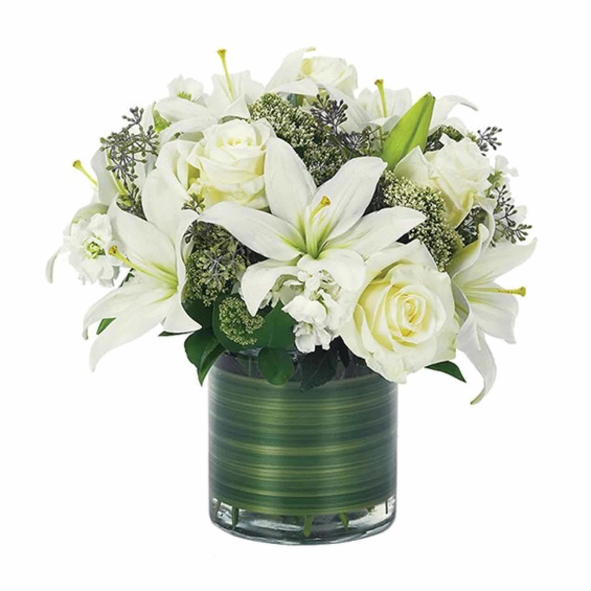 White lilies and roses in a green glass vase