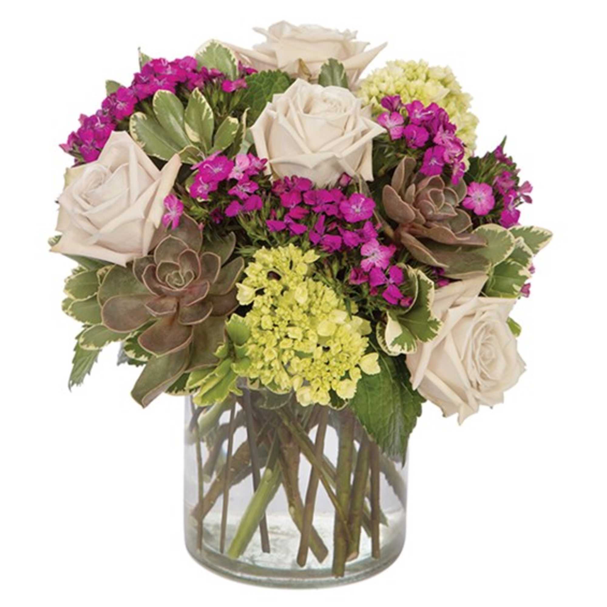 Bouquet of white roses, magenta flowers, and succulents in a glass vase