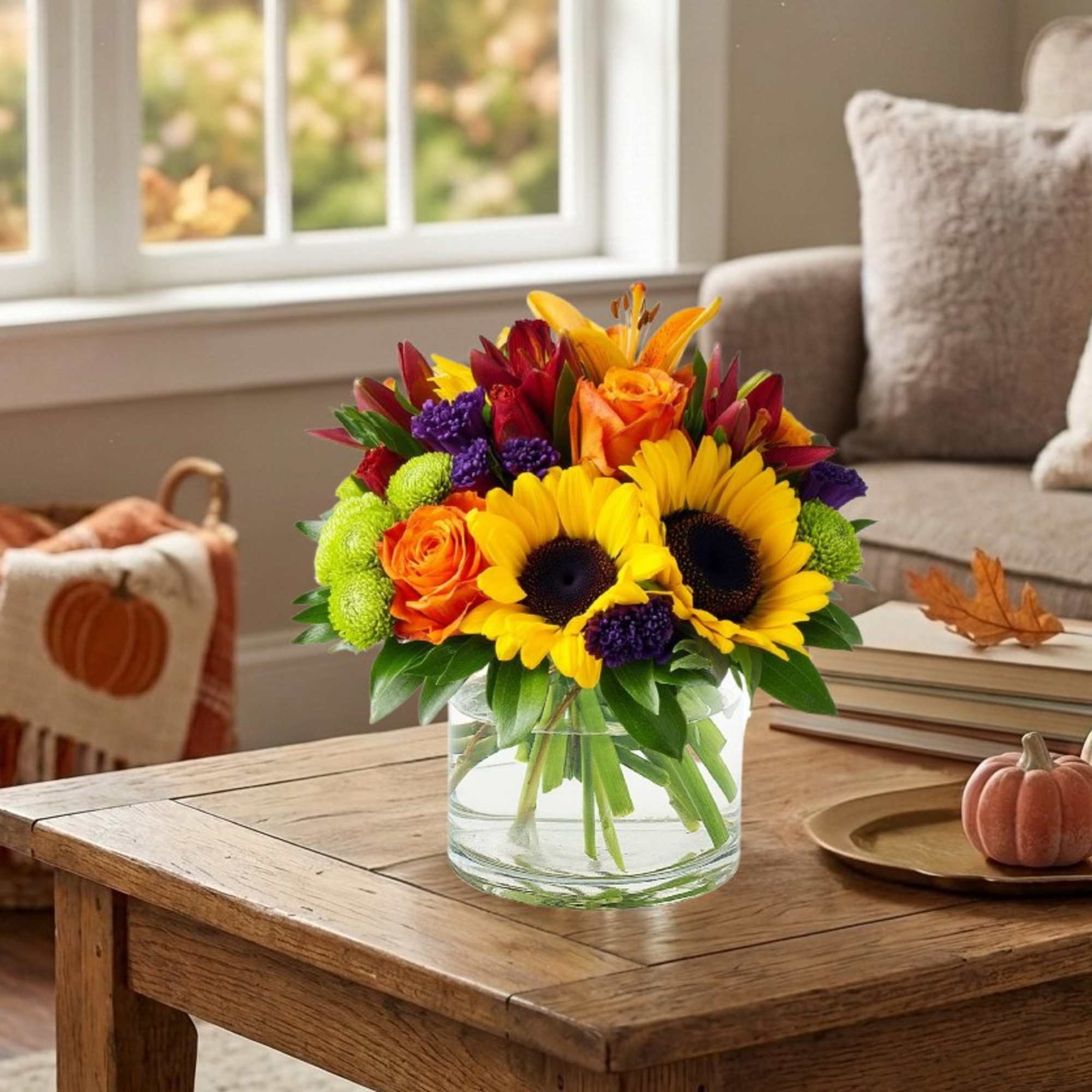 Bright mixed bouquet of sunflowers, roses, and mums in a clear glass vase