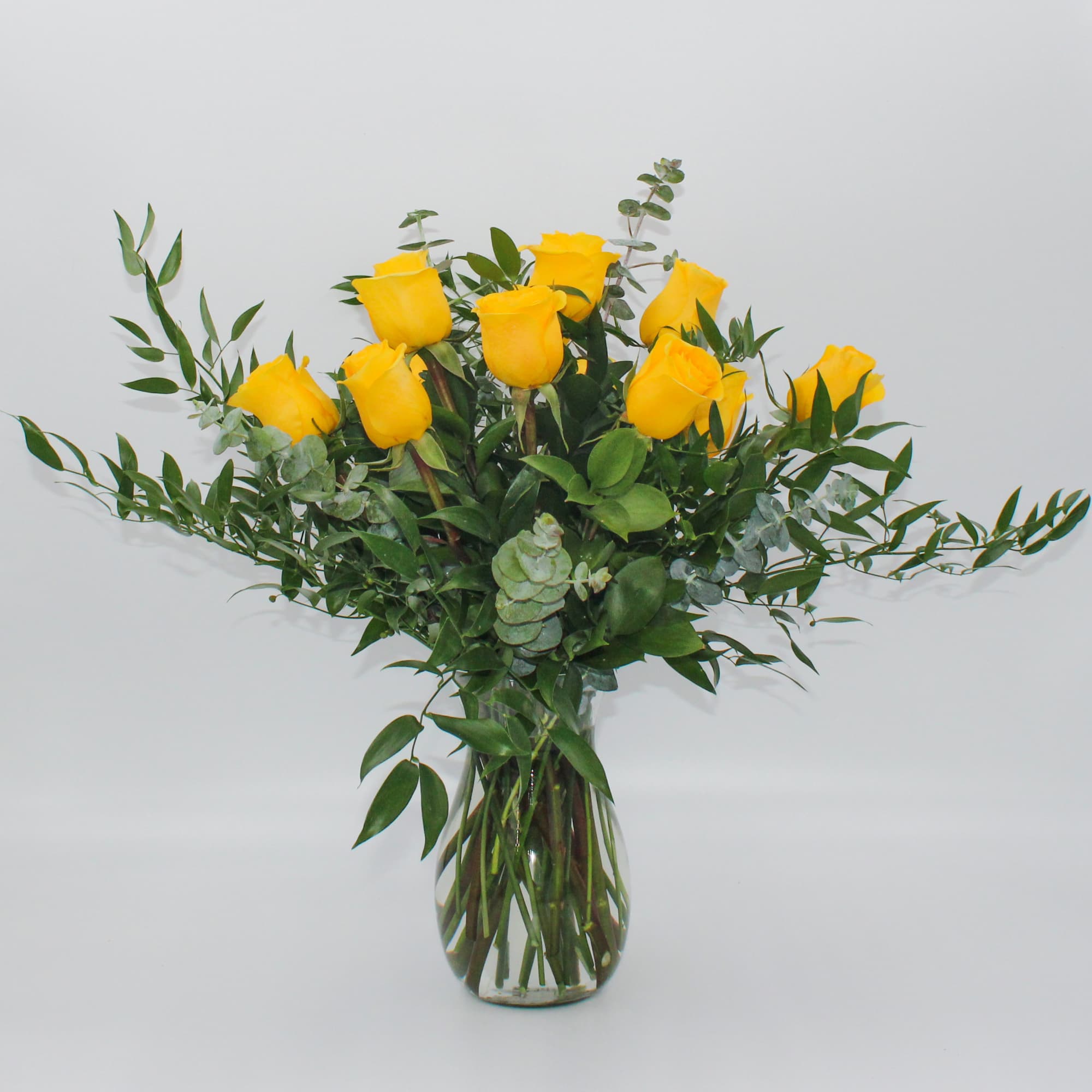 A Classic one dozen Ecuadorian Long Stem Yellow Roses with Ruscus and