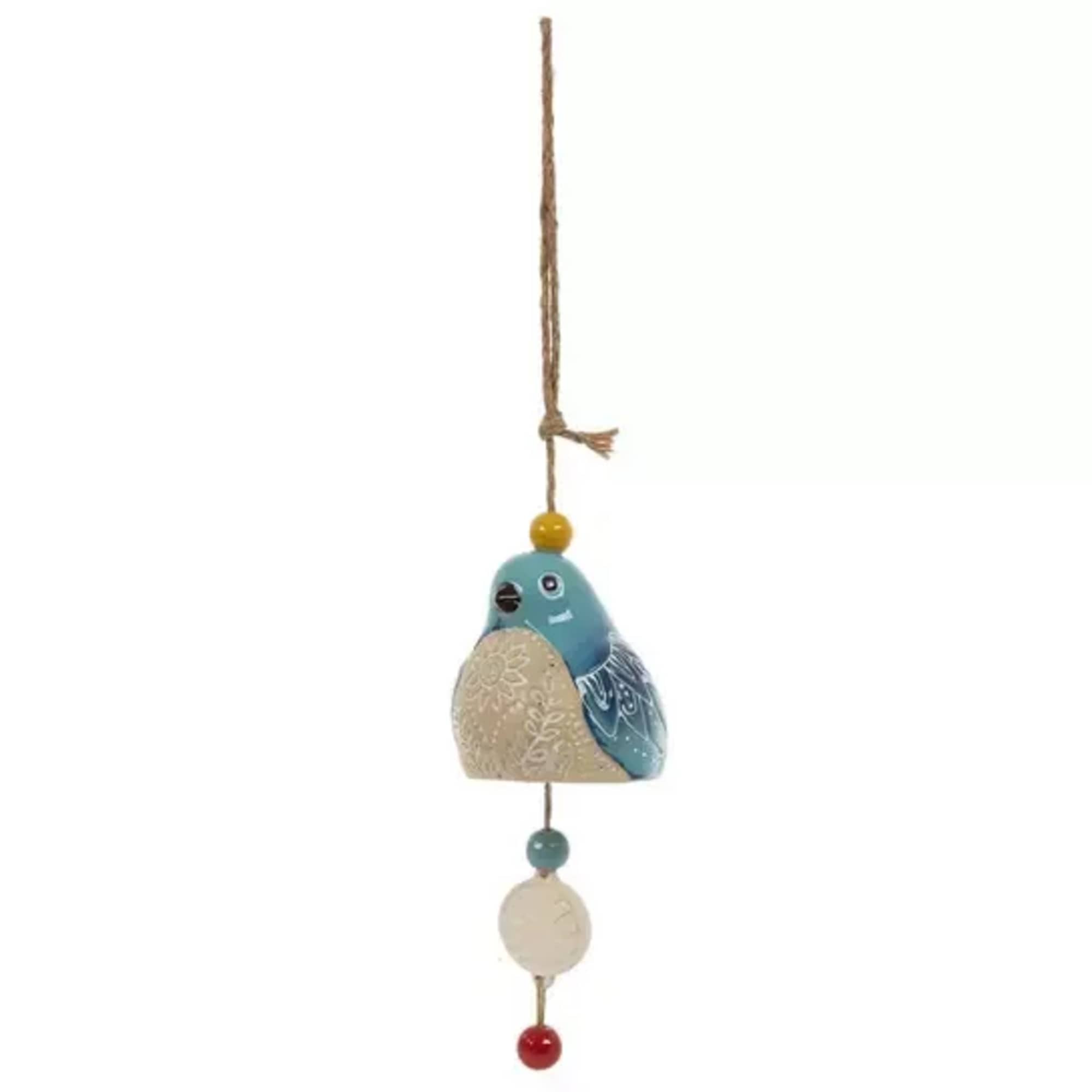 Hanging bird ornament with painted beads and a rope loop