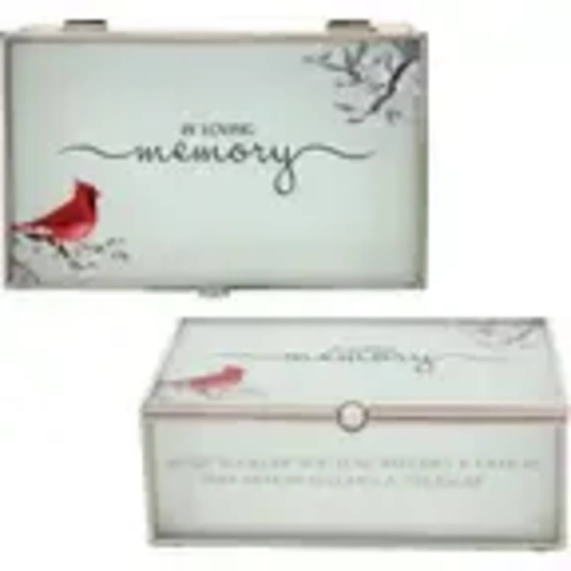 Two white gift boxes with a red bird and cursive text