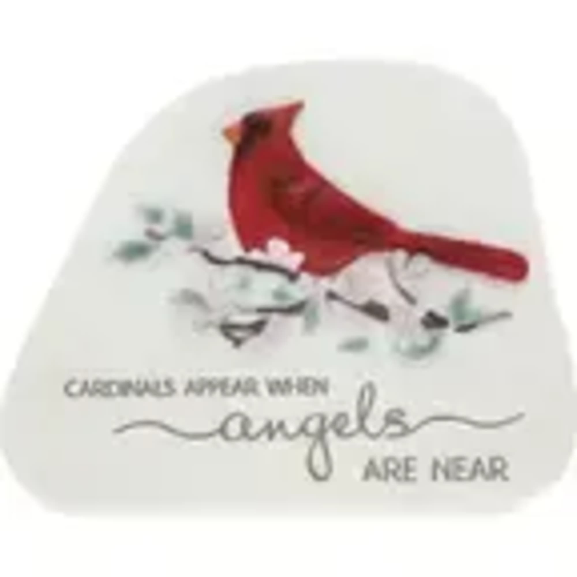 Red cardinal ornament with floral accents and text on a white background
