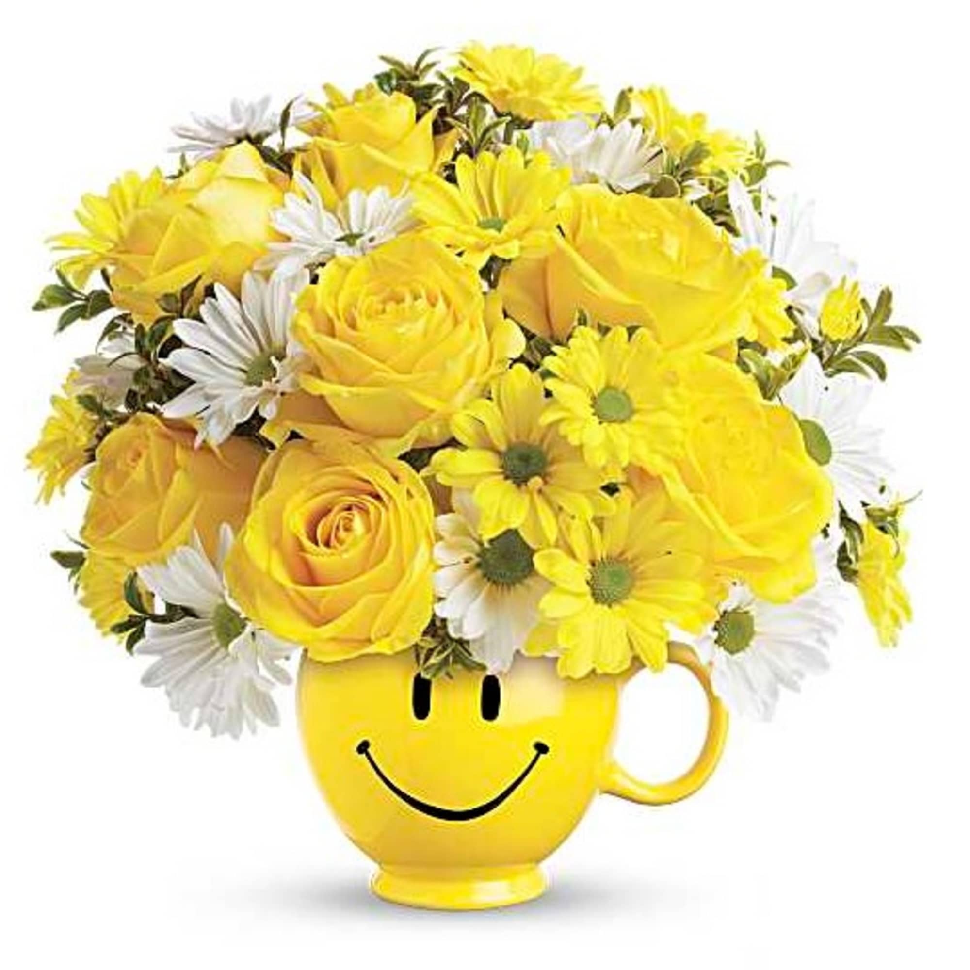 Yellow roses and white daisies in a smiley-face mug