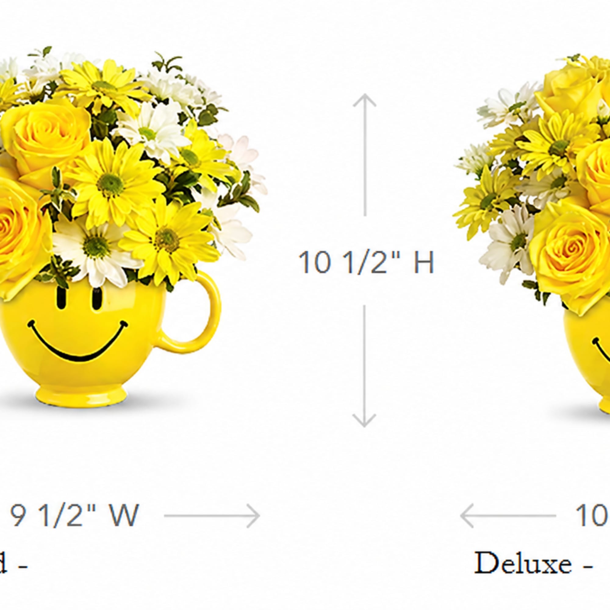 Yellow roses and daisies arranged in a smiley-face mug