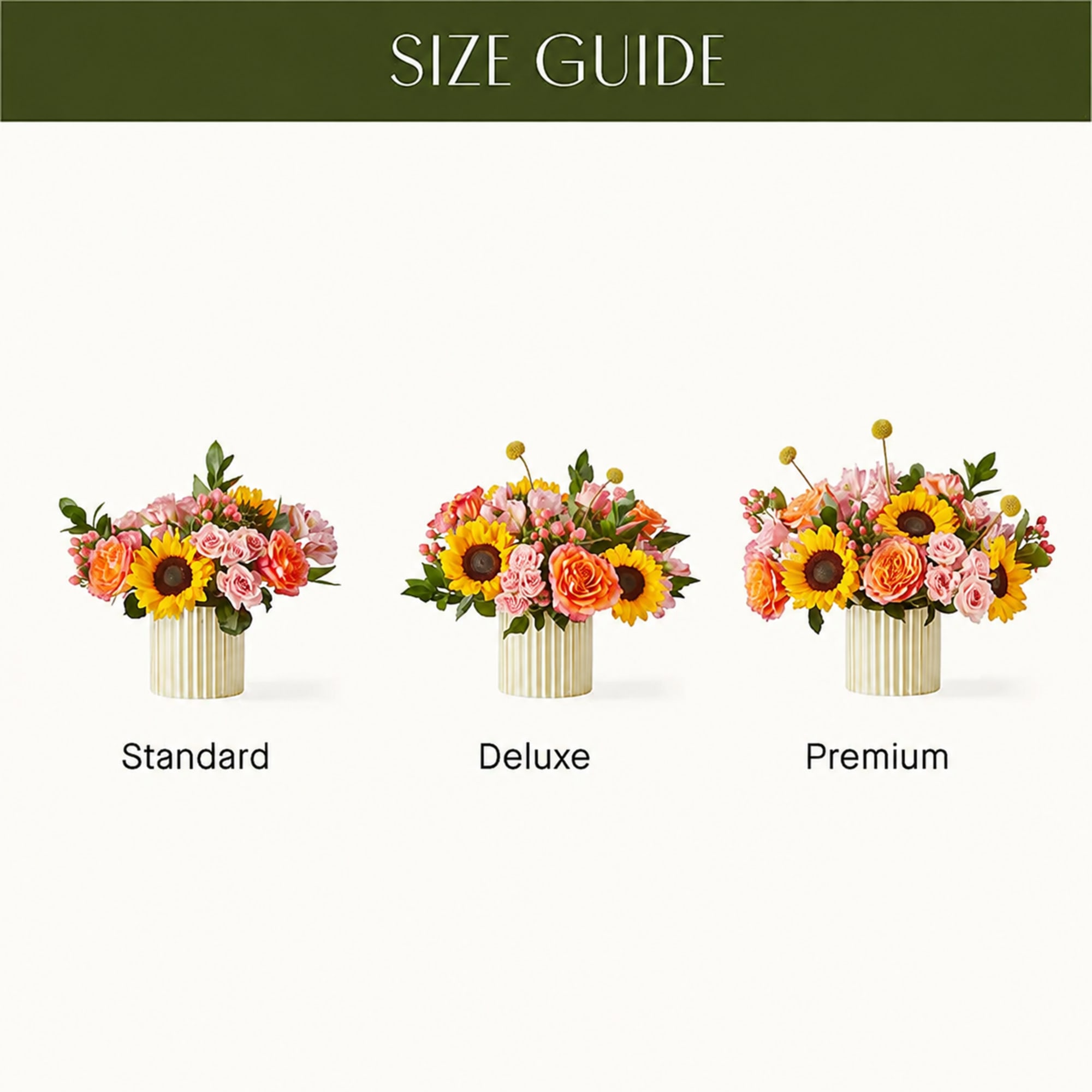 Three mixed flower arrangements in striped gold vases labeled standard, deluxe, and premium.