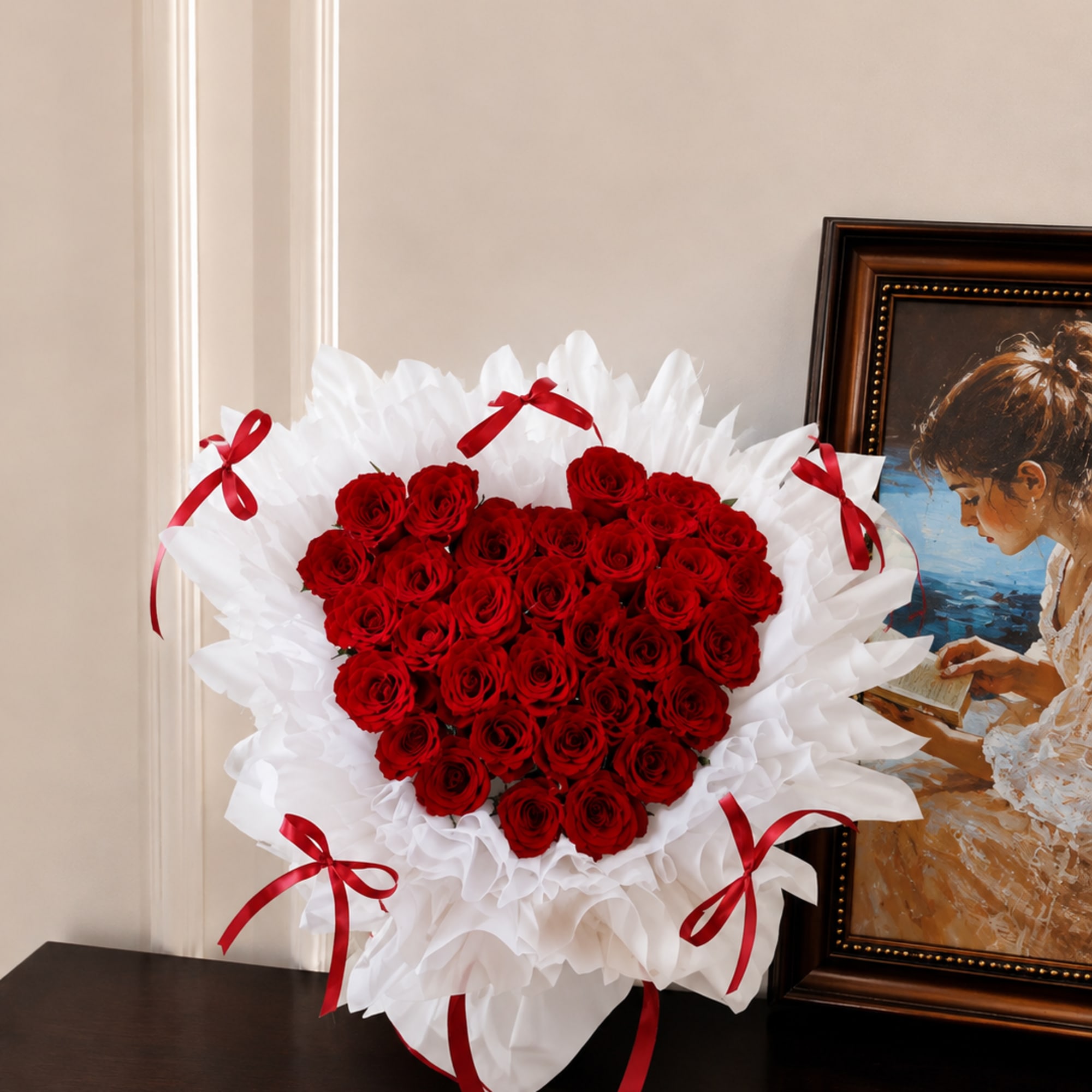 Heart-shaped bouquet of red roses with white wrapping and red ribbons