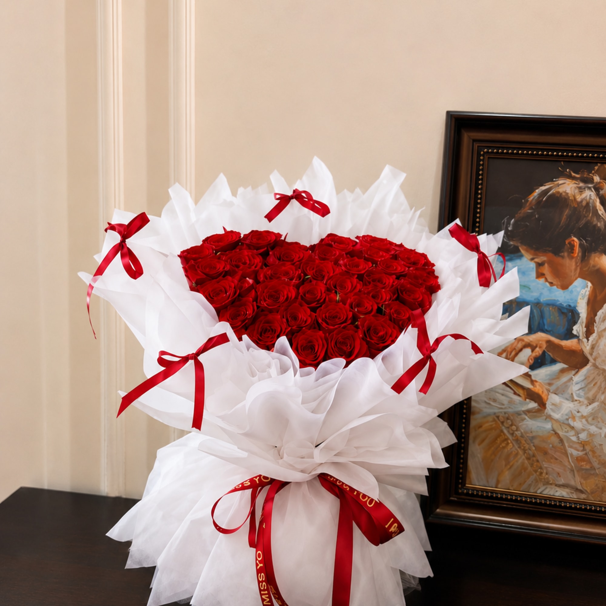 Heart-shaped bouquet of red roses wrapped in white paper with red ribbons