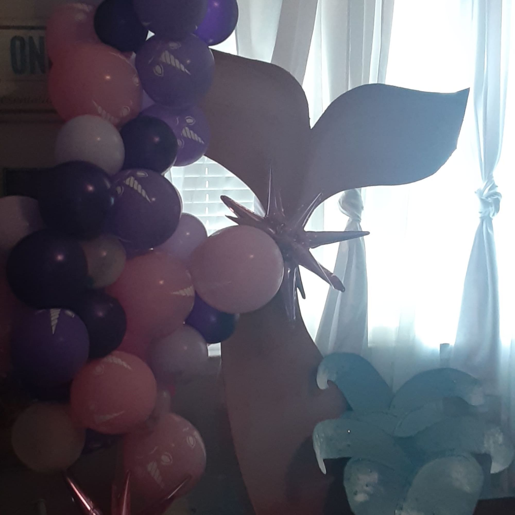 Pastel balloon display with large heart and star shapes in a room