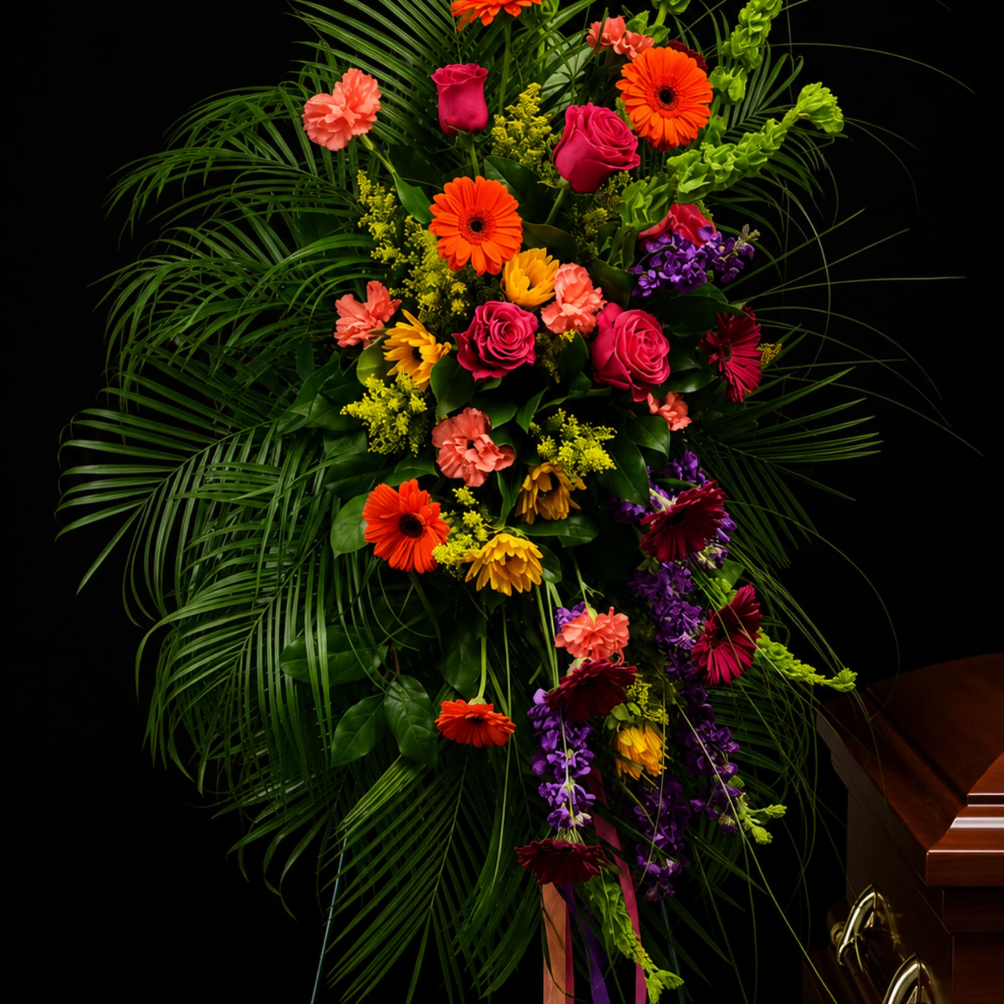 Tall standing floral spray with bright mixed blooms and palm fronds