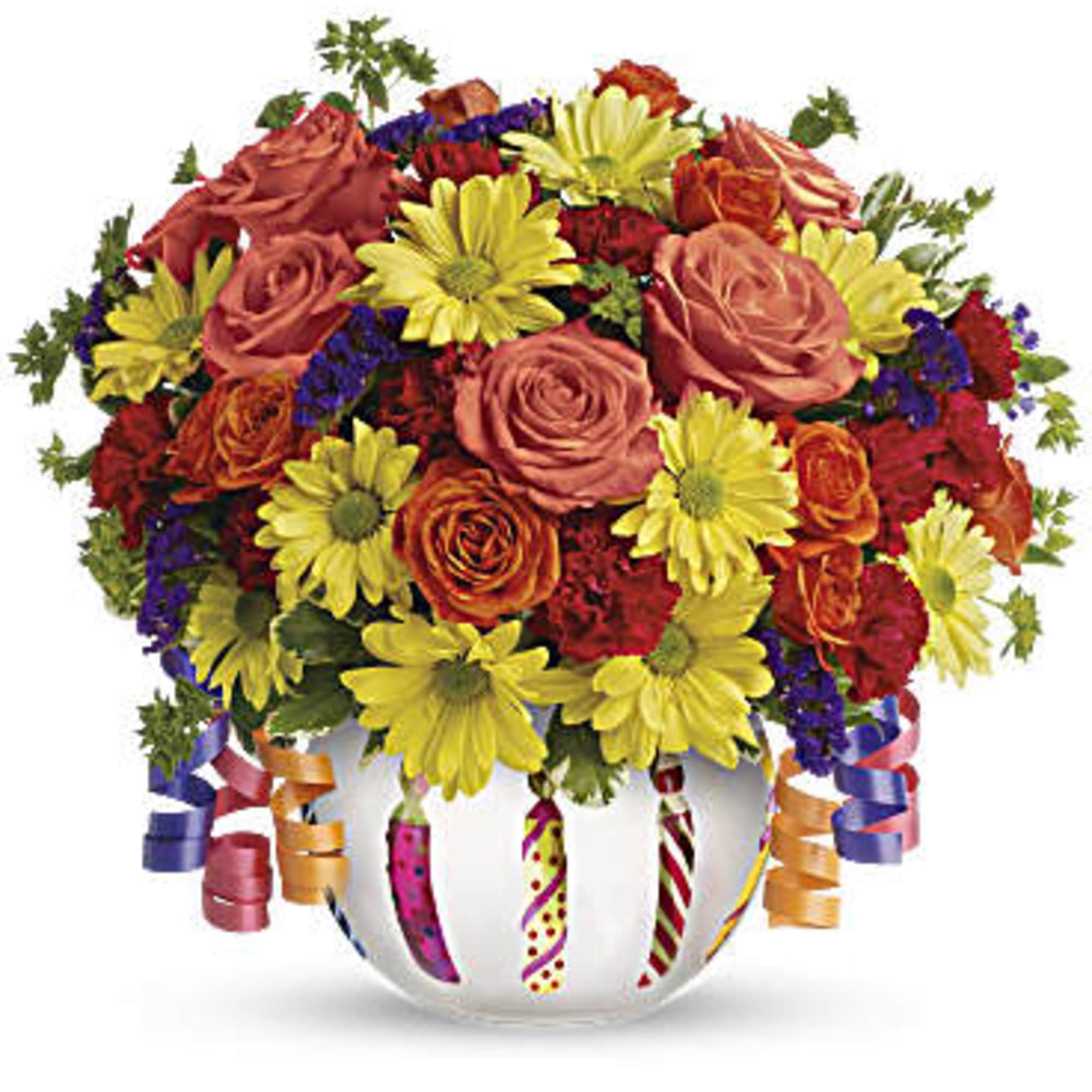 Mixed bouquet of roses and yellow daisies in a white vase with curled ribbons