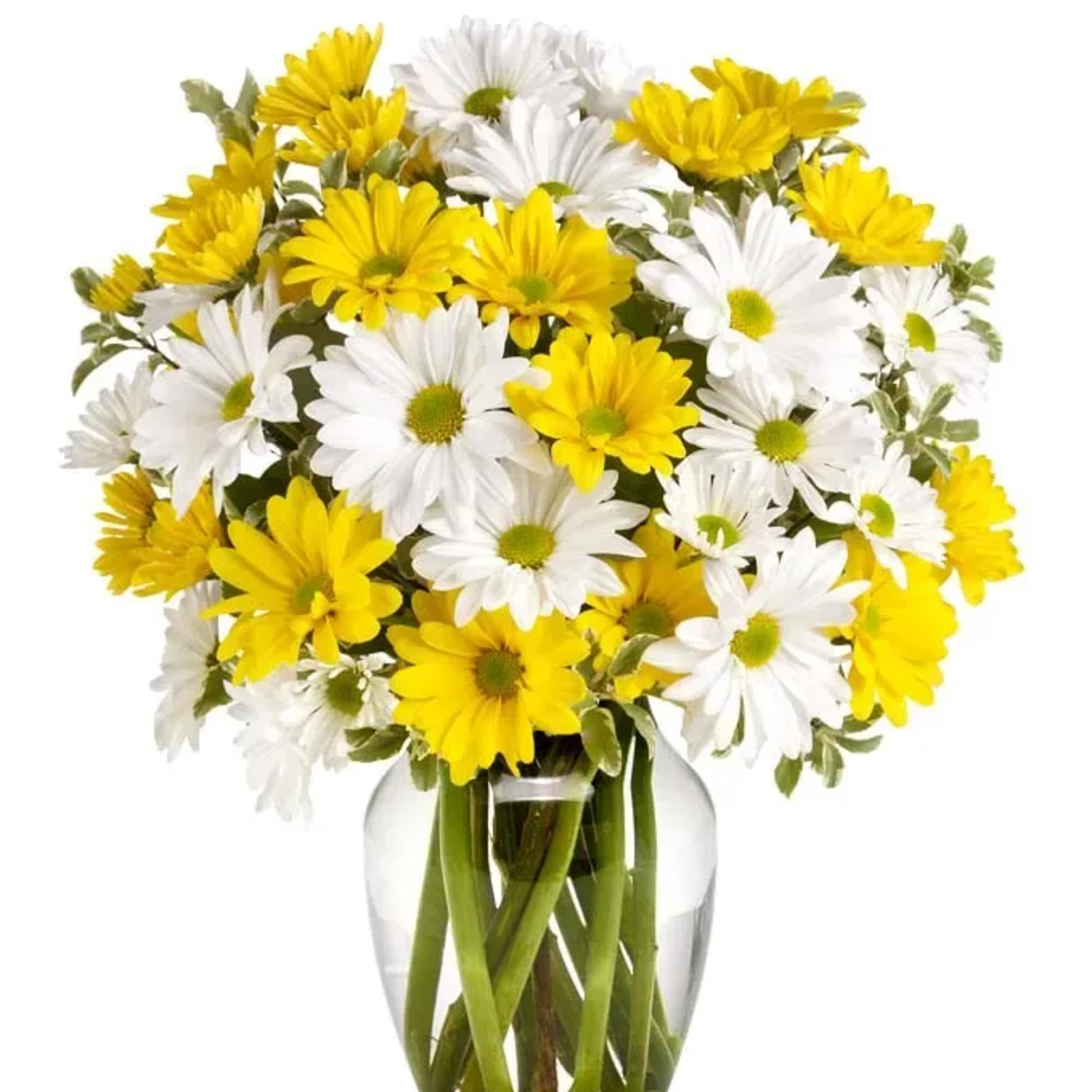Yellow and white daisy bouquet in a clear glass vase