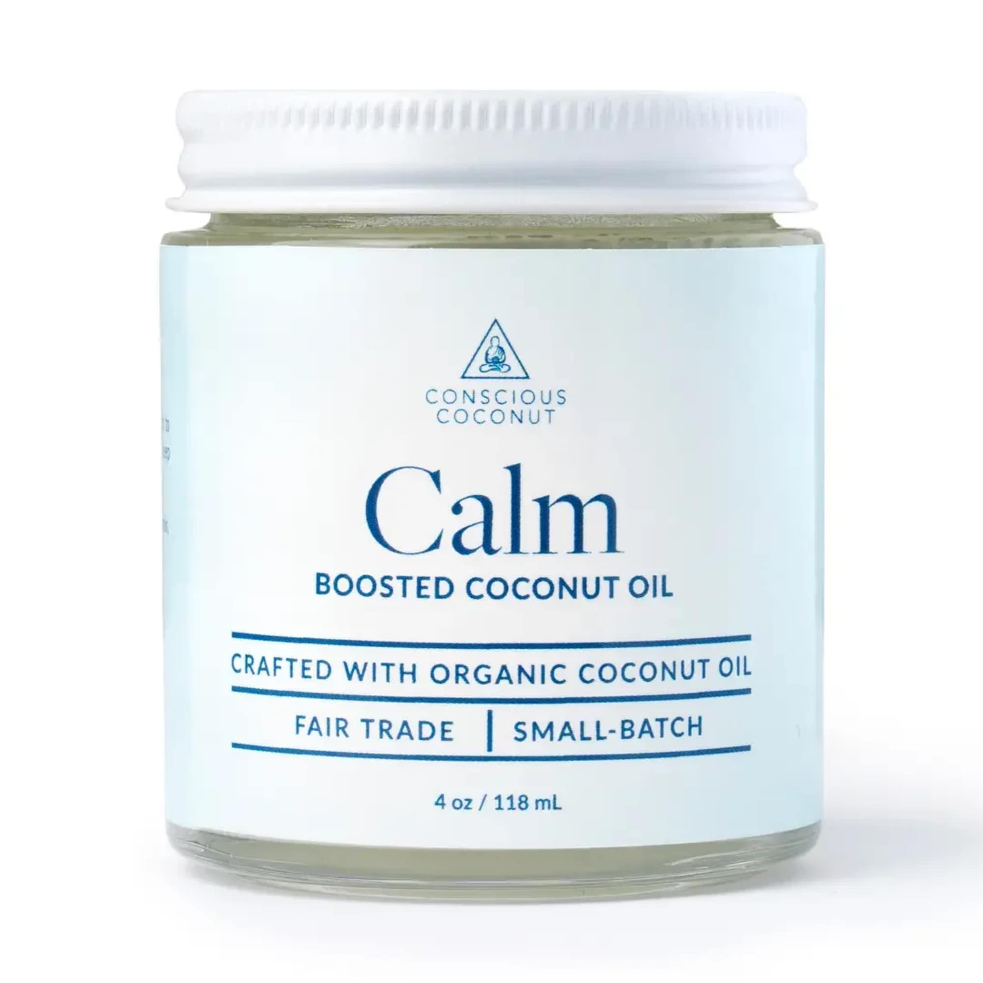 A compact jar of Calm coconut body oil that reads like a