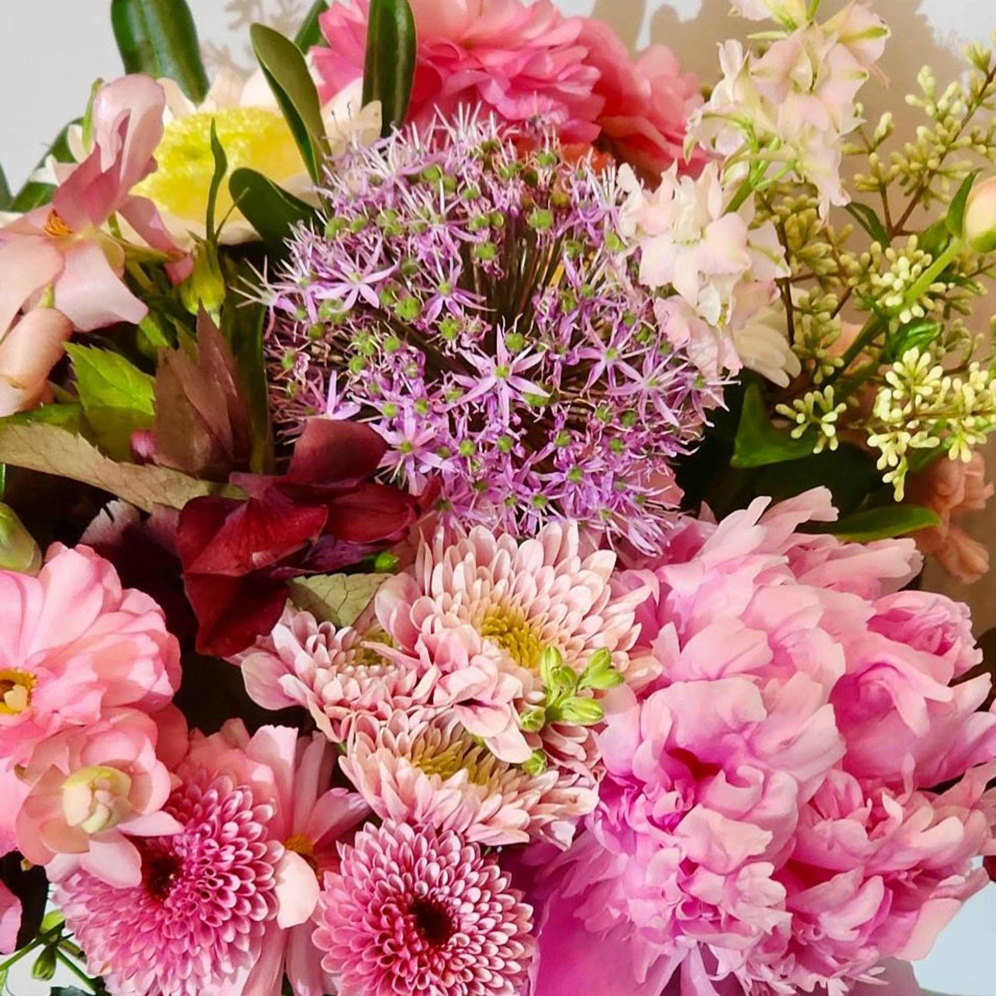 Pink and purple mixed bouquet with chrysanthemums and lilies