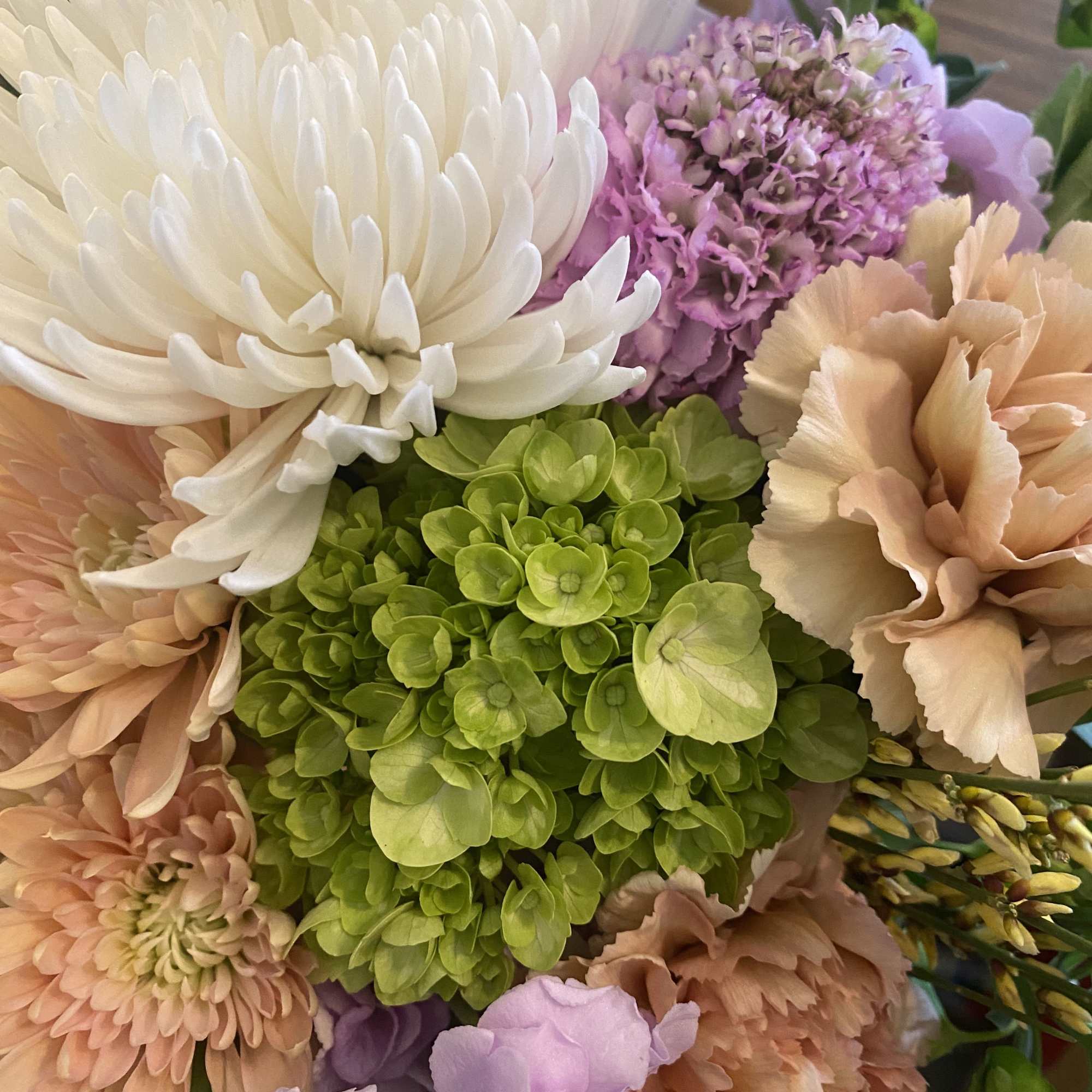 Close-up bouquet of white, peach, and lavender flowers with a green hydrangea center