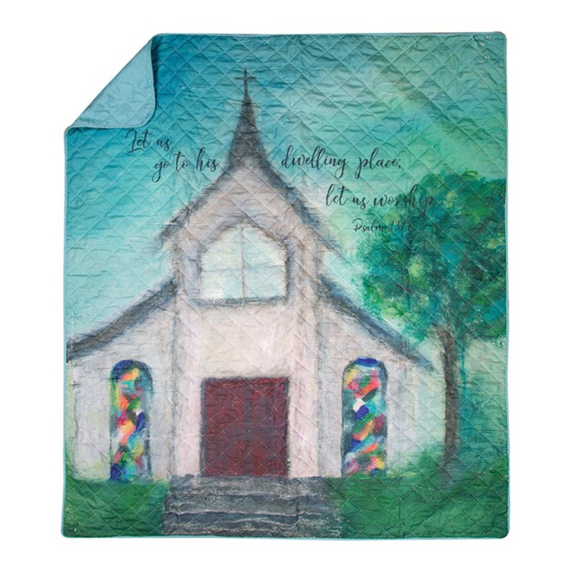 Quilted blanket with a painted church and scripture text