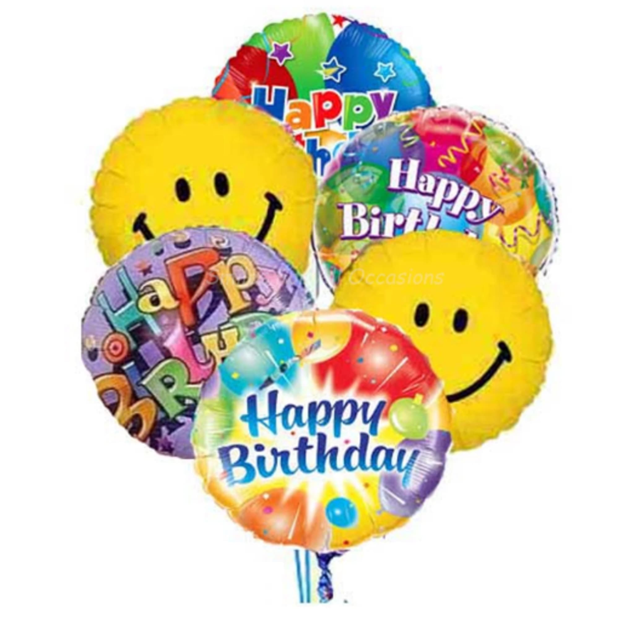 Cluster of colorful birthday balloons with smiley faces and Happy Birthday text