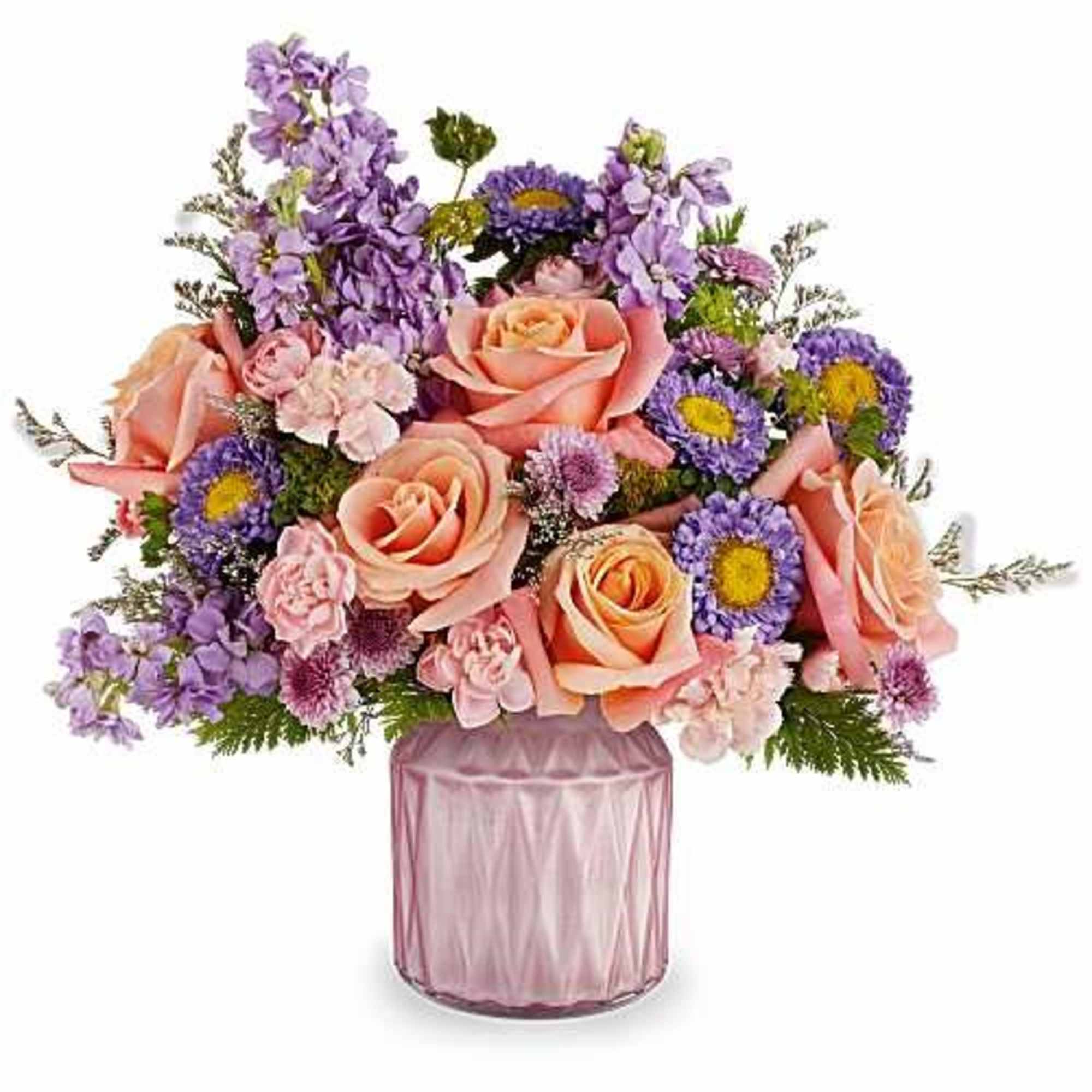 Pink roses and purple flowers arranged in a pink glass vase