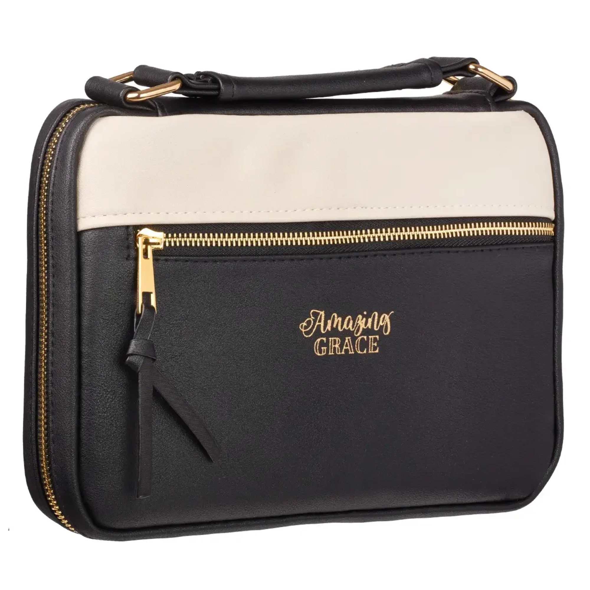 This classy black-and-tan LuxLeather Bible cover wonderfully reminds you and your loved