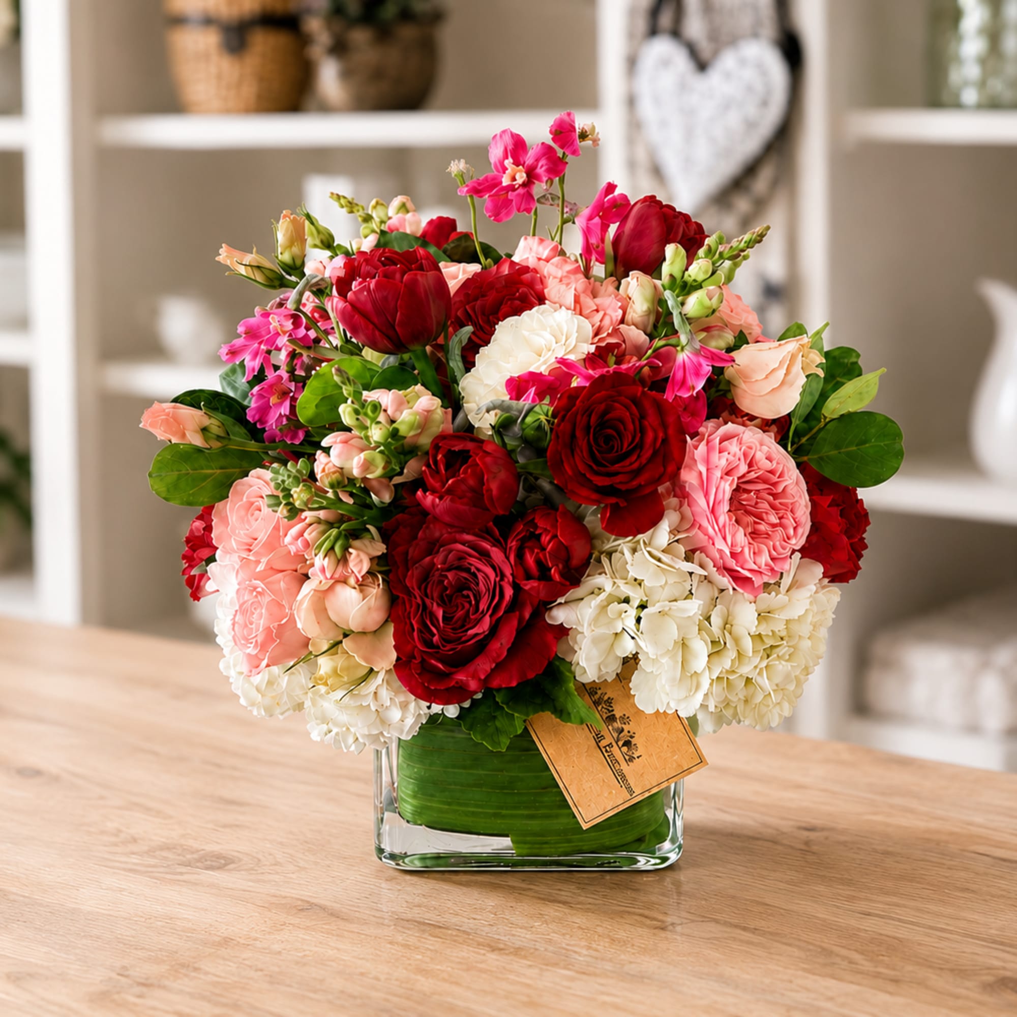 Red, pink, and white bouquet in a square glass vase
