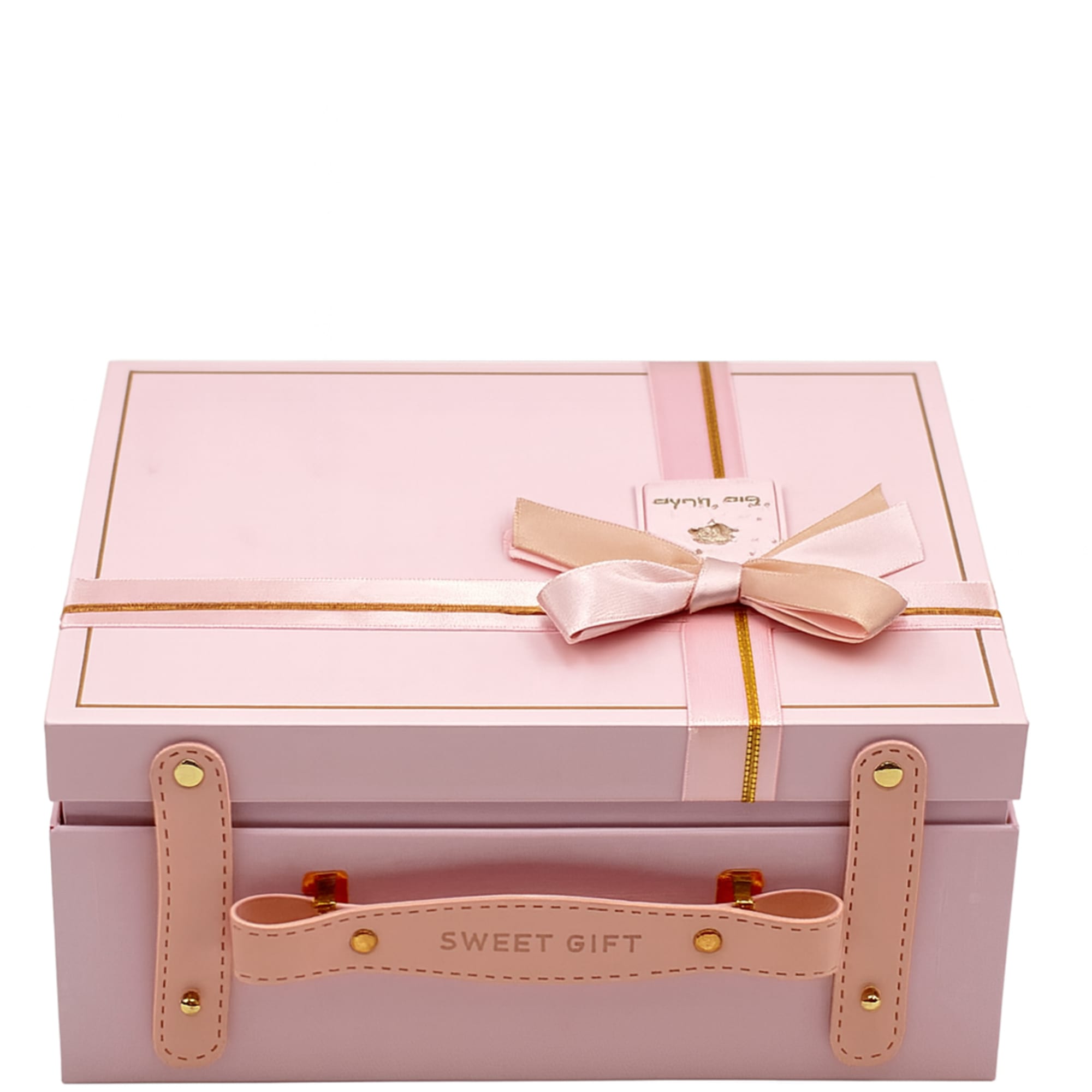 Pink gift box with a ribbon bow and handle detail